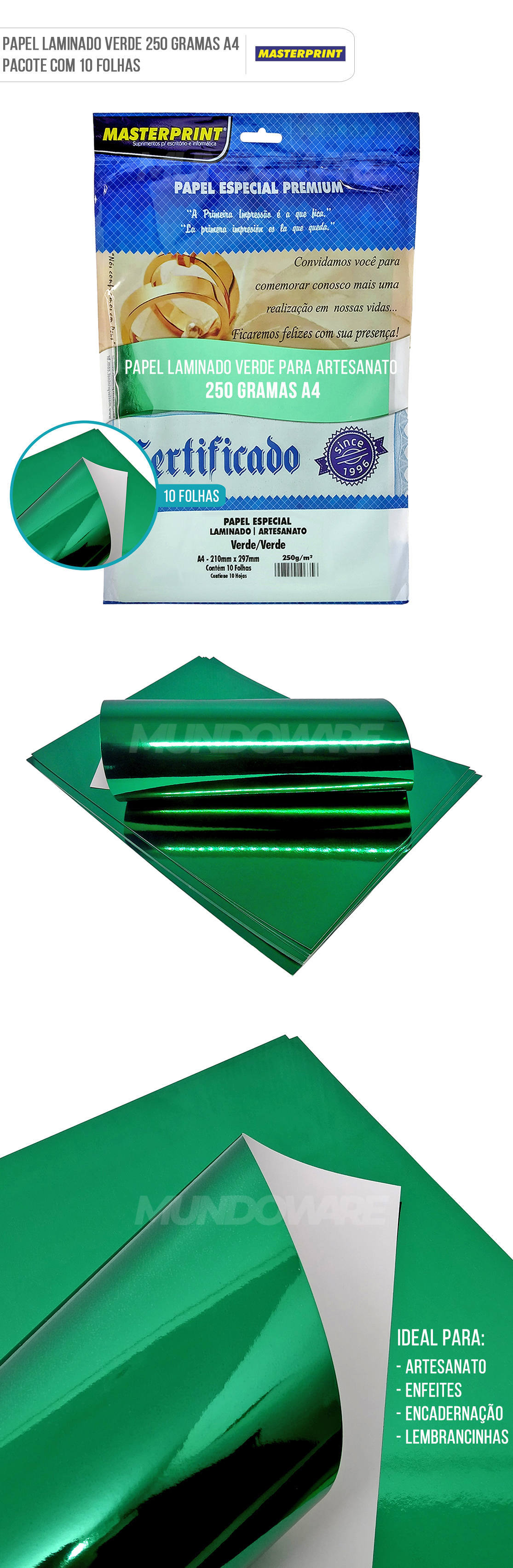 Papel Laminado Verde A4 250g para Artesanato Enfeites Lembrancinhas Pacote com 10 Folhas Masterprint