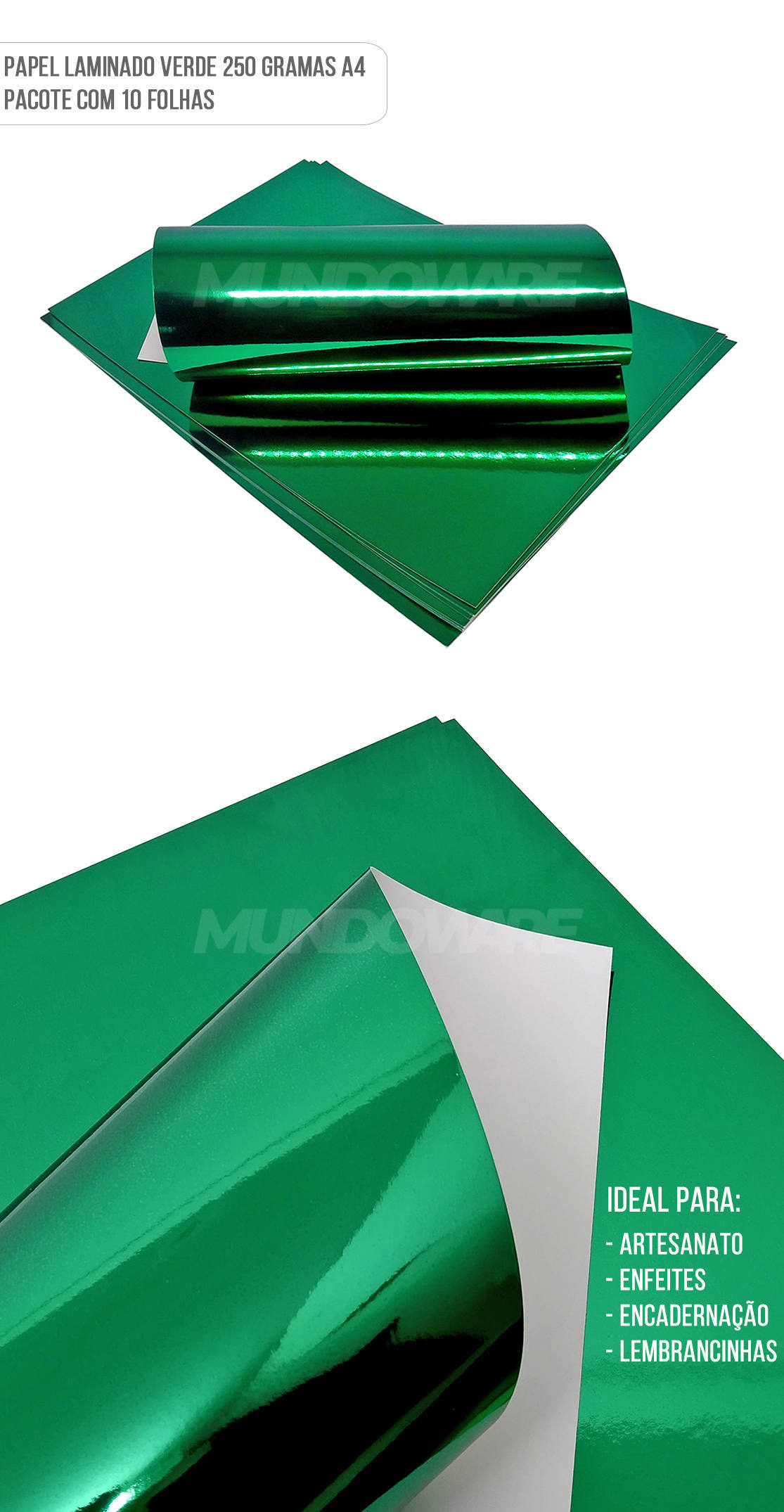 Papel Laminado Verde A4 250g para Artesanato Enfeites Lembrancinhas Pacote com 10 Folhas