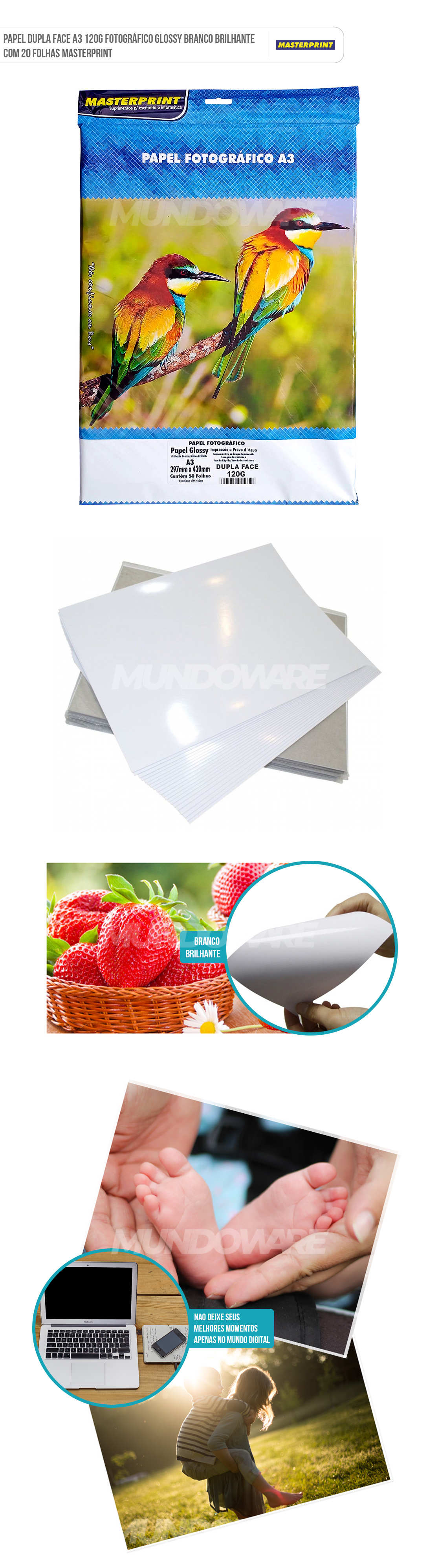 Papel Dupla Face A3 120g Fotográfico Glossy Branco Brilhante com 20 folhas Masterprint Papel Glossy Dupla Face A3 120g Fotográfico Branco Brilhante com 20 folhas Masterprint