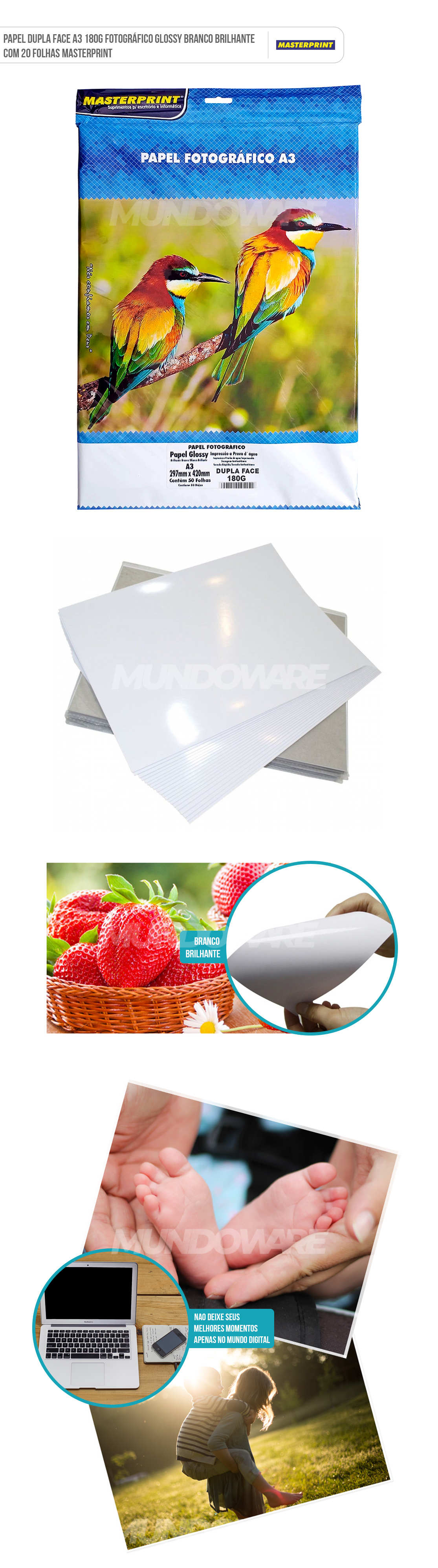 Papel Dupla Face A3 180g Foto Glossy Branco Brilhante com 20 folhas Masterprint Papel Dupla Face A3 180g Fotográfico Glossy Branco Brilhante com 20 folhas Masterprint