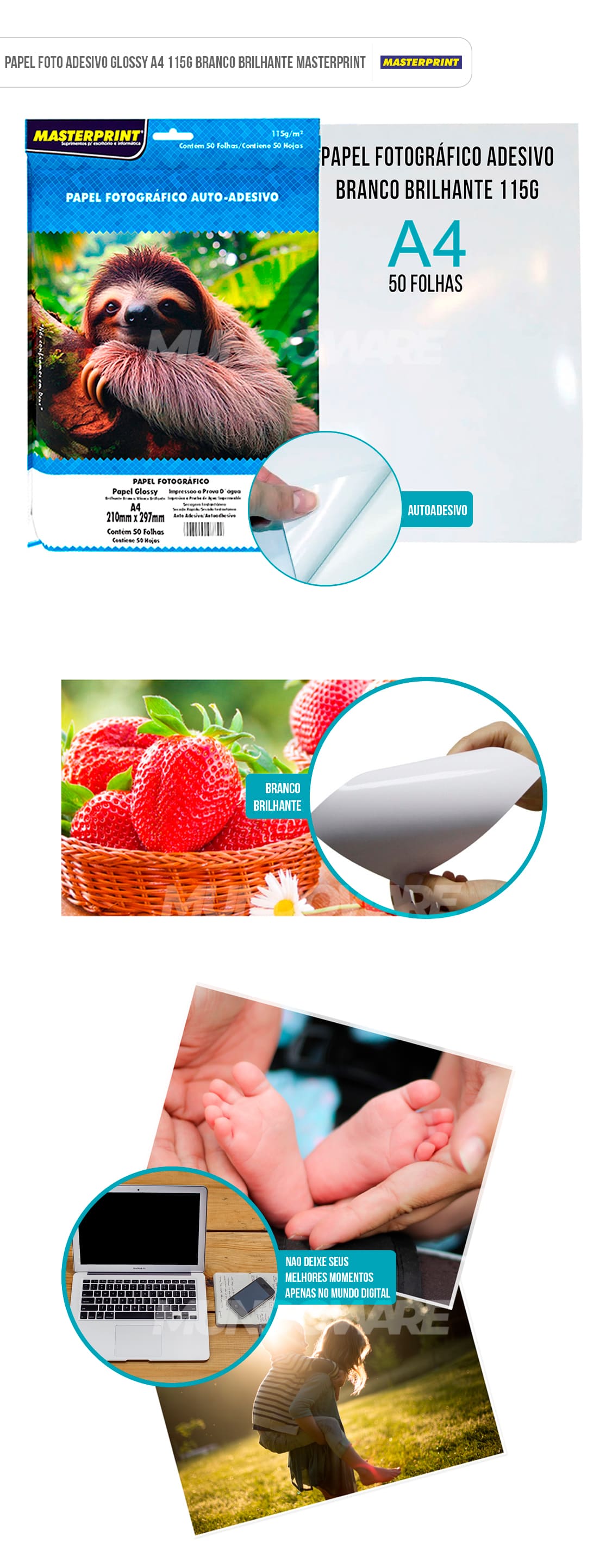 Papel Foto Adesivo A4 115g Glossy Branco Brilhante 50 folhas Masterprint Papel Glossy Adesivo A4 115g Fotográfico Branco Brilhante 50 folhas Masterprint