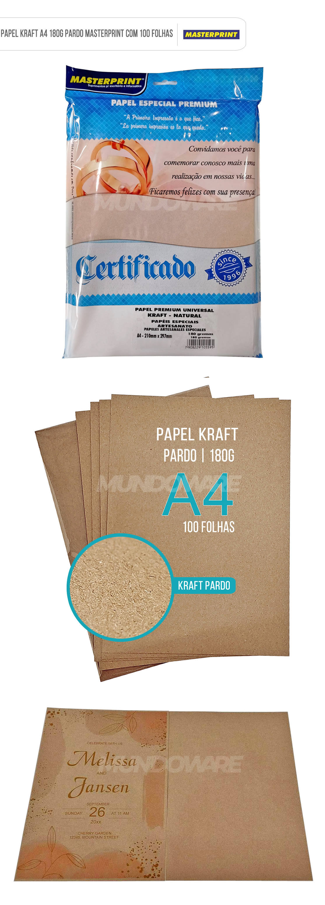 Papel Kraft A4 180g Pardo Natural Masterprint com 100 Folhas