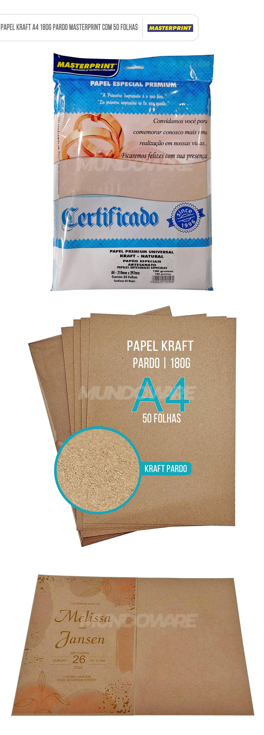 Papel Kraft A4 180g Pardo Natural Masterprint com 50 Folhas
