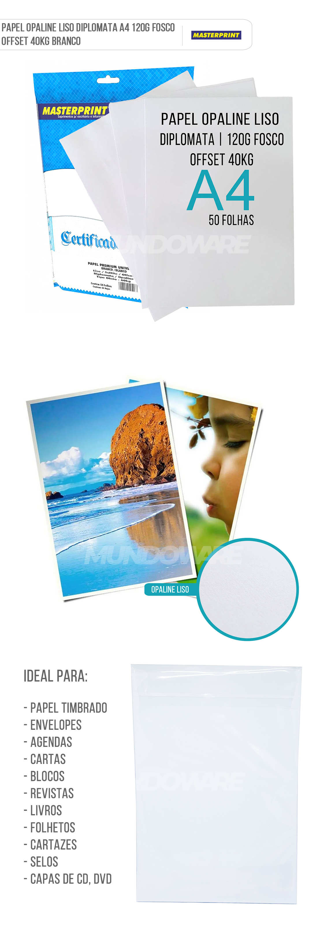 Papel Opaline Offset Liso Diplomata A4 120g 40kg Branco com 50 folhas Masterprint Papel Offset Opaline Liso Diplomata A4 120g 40kg Branco com 50 folhas Masterprint