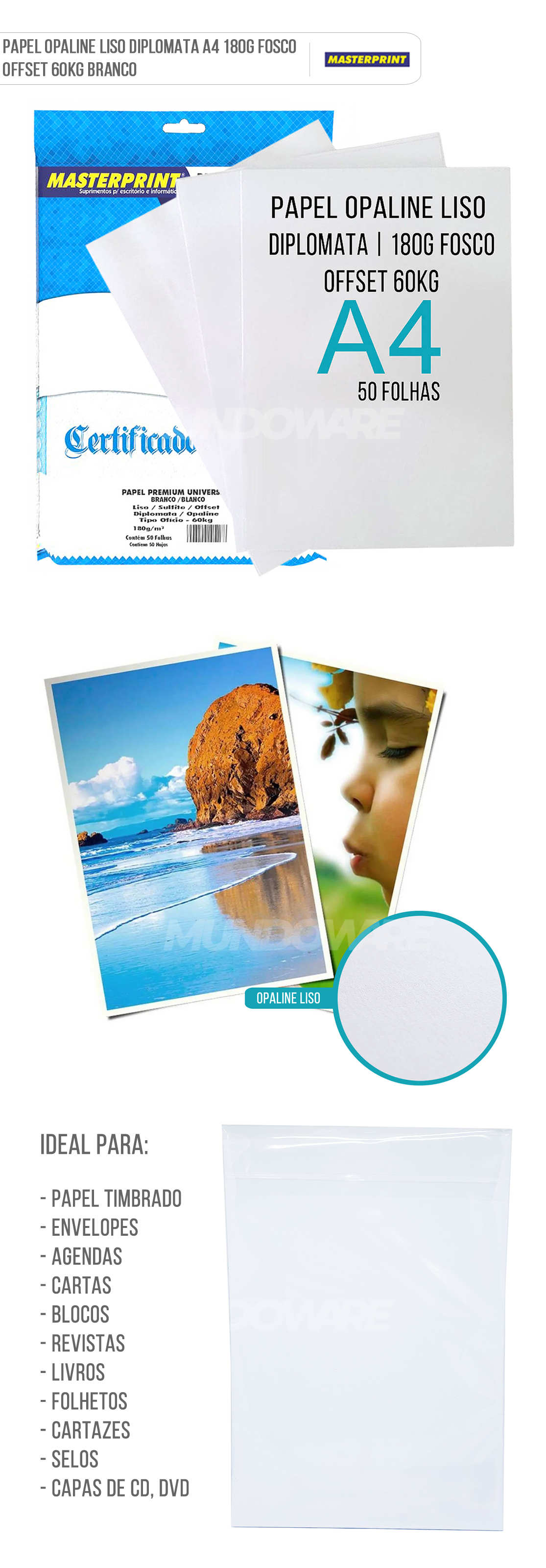 Papel Opaline Offset Liso Diplomata A4 180g 60kg Branco com 50 folhas Masterprint Papel Offset Opaline Liso Diplomata A4 180g 60kg Branco com 50 folhas Masterprint