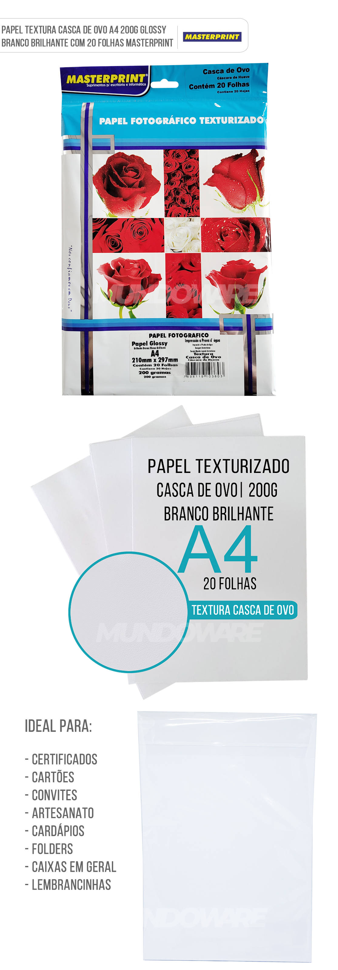 Papel Textura Casca De Ovo 200g A4 Glossy Masterprint Com 20 Folhas Mundoware 4462