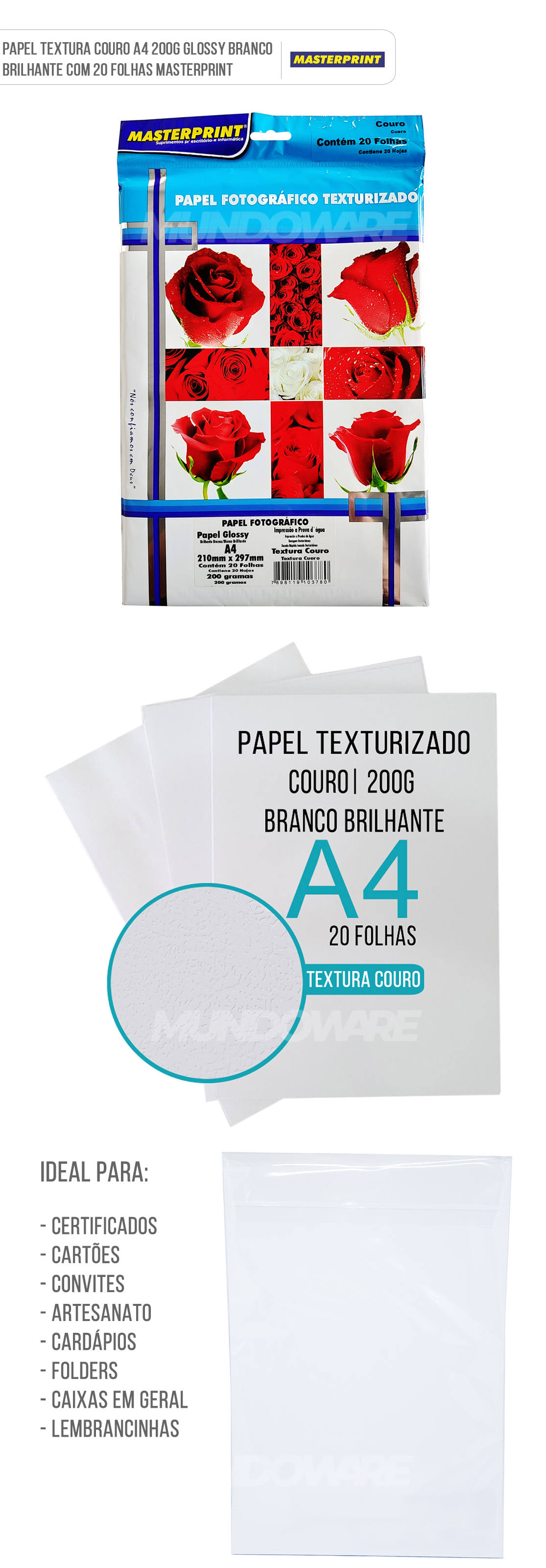 Papel Texturizado Couro 200g A4 Glossy Branco Brilhante com 20 folhas