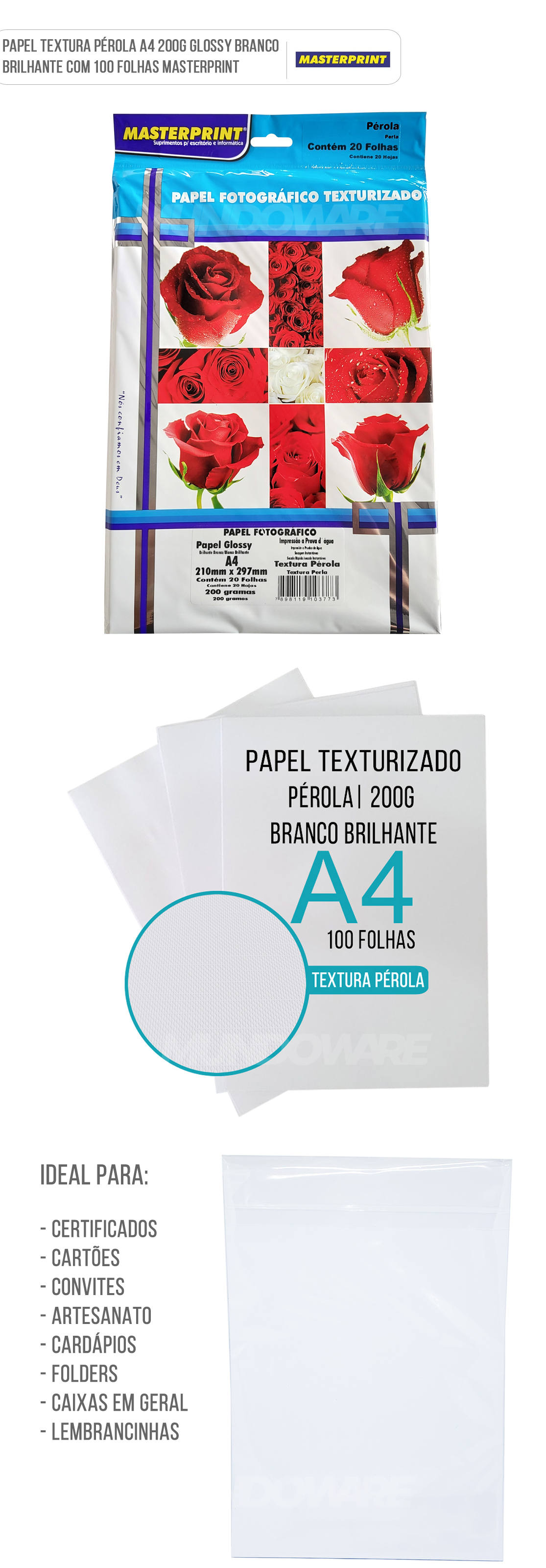 Papel Texturizado Prola 200g A4 Glossy Branco Brilhante com 100 folhas