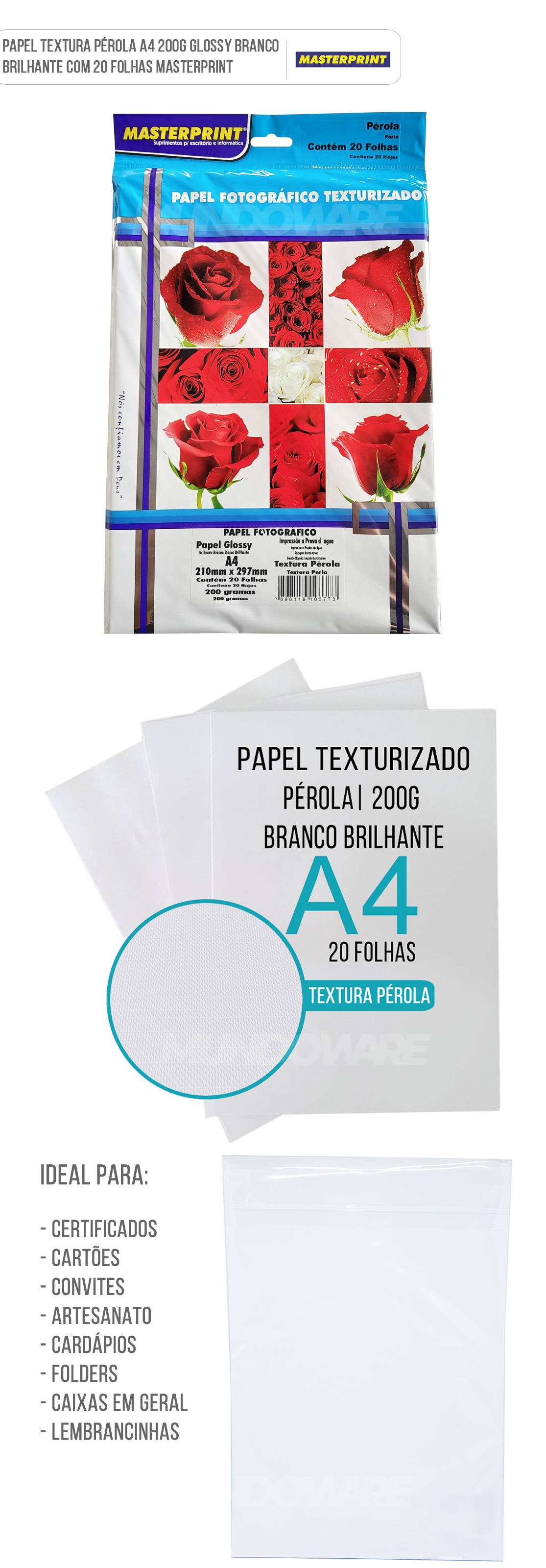 Papel Texturizado Prola 200g A4 Glossy Branco Brilhante com 20 folhas