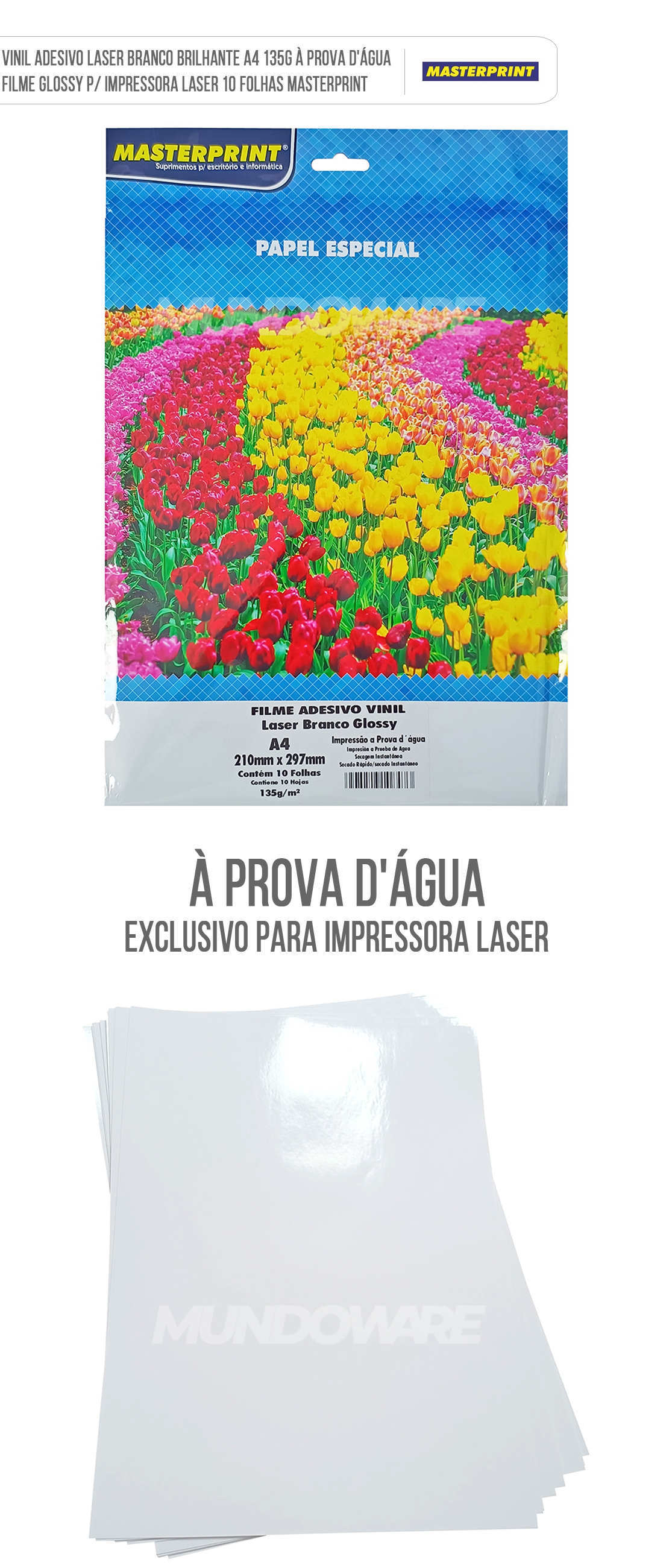 Filme Vinil Adesivo Laser Branco Brilhante A4 135g À Prova D'Água Glossy p/ Impressora Laser 10 Folhas Masterprint Vinil Adesivo Laser Branco Brilhante A4 135g À Prova D'Água Filme Glossy p/ Impressora Laser 10 Folhas Masterprint