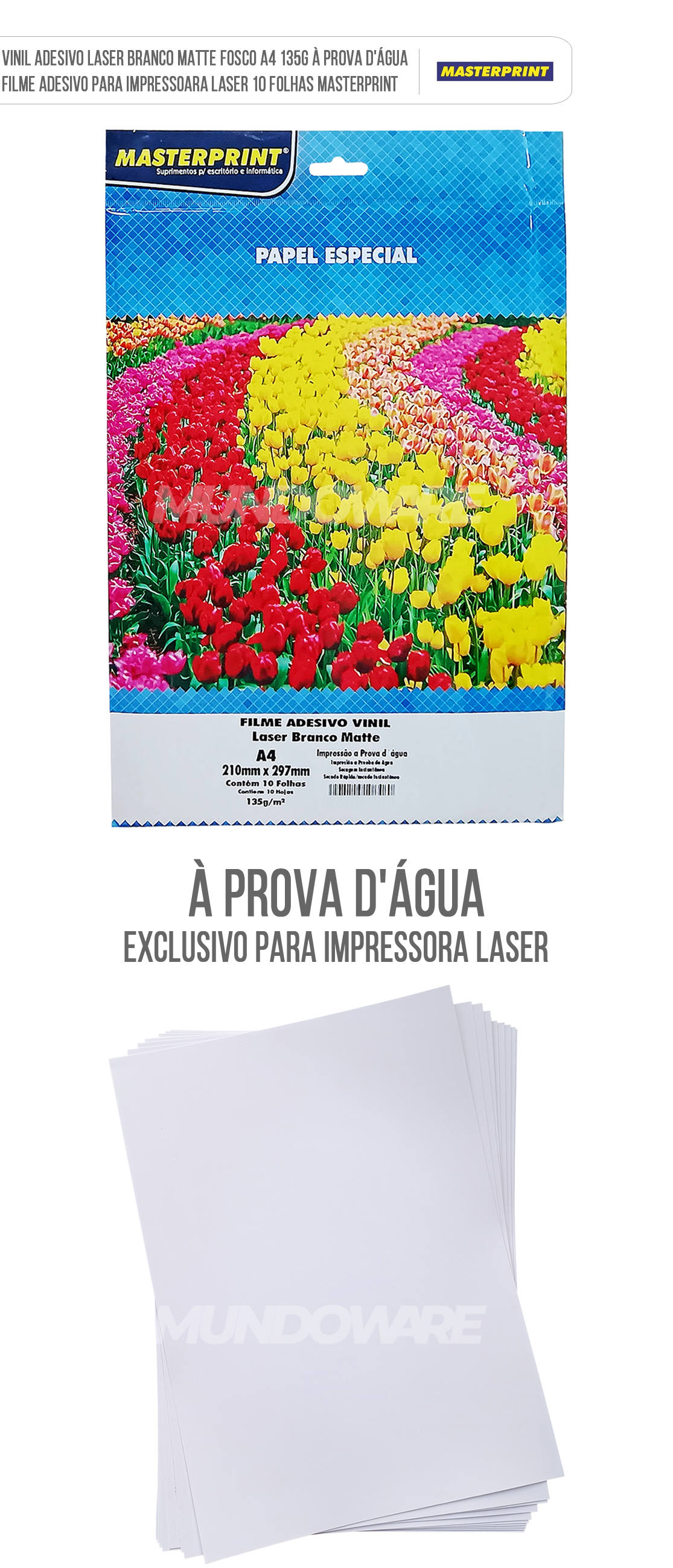 Filme Adesivo Vinil Laser Branco Matte Fosco A4 135g À Prova D'Água Adesivo PVC para Impressora Laser 10 Folhas Masterprint Vinil Adesivo Laser Branco Matte Fosco A4 135g À Prova D'Água Filme Adesivo para Impressora Laser 10 Folhas Masterprint