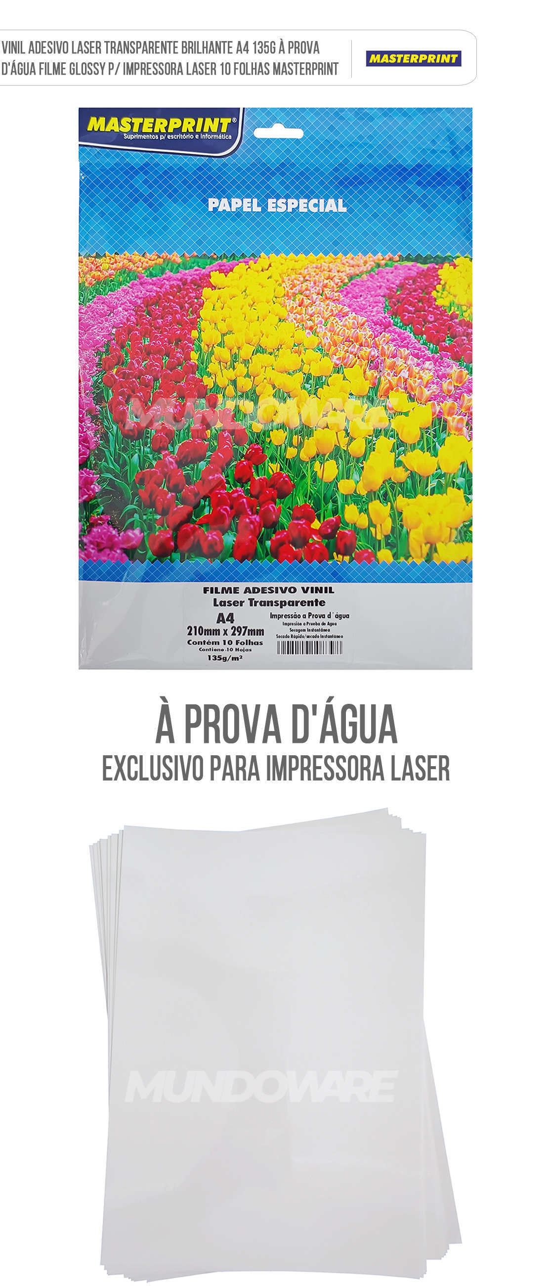 Vinil Adesivo Laser Transparente Brilhante A4 135g � Prova D'�gua Filme Glossy p/ Impressora Laser 10 Folhas Masterprint