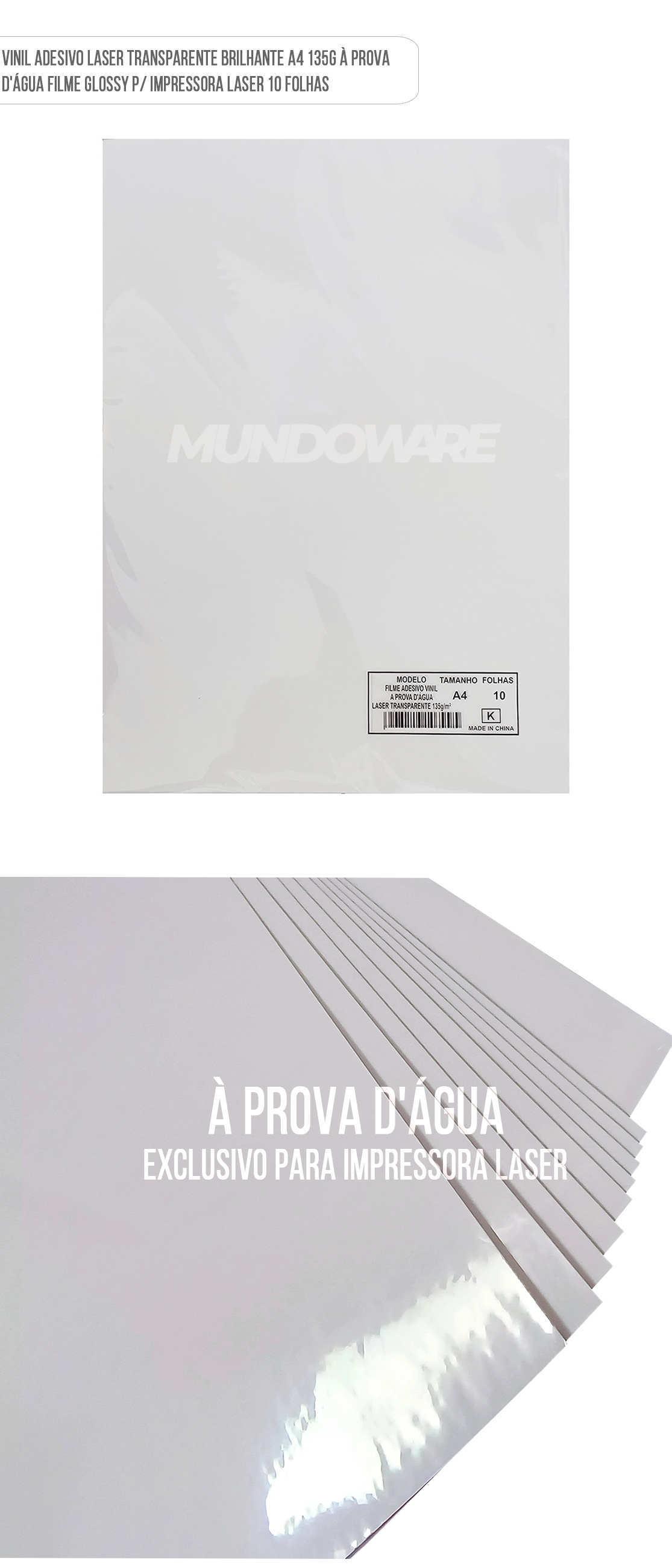 Filme Adesivo Vinil Laser Transparente Glossy A4 135g À Prova D'Água PVC Brilhante para Impressora Laser com 10 Folhas Adesivo Vinil Laser Transparente Glossy A4 135g À Prova D'Água Filme Adesivo PVC Brilhante para Impressora Laser com 10 Folhas