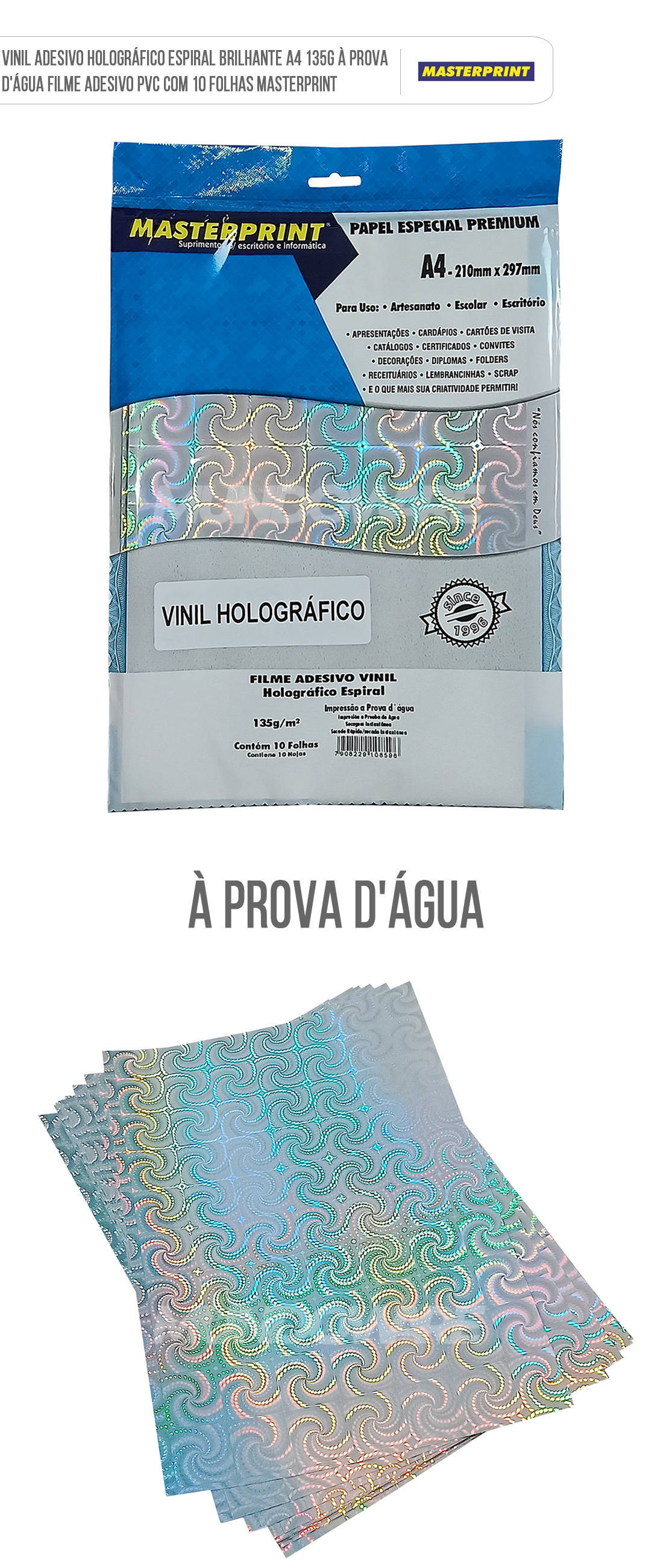 Filme Vinil Adesivo Holográfico Espiral Brilhante A4 135g À Prova D'Água Filme Adesivo PVC com 10 Folhas Masterprint Vinil Adesivo Holográfico Espiral Brilhante A4 135g À Prova D'Água Filme Adesivo PVC com 10 Folhas Masterprint