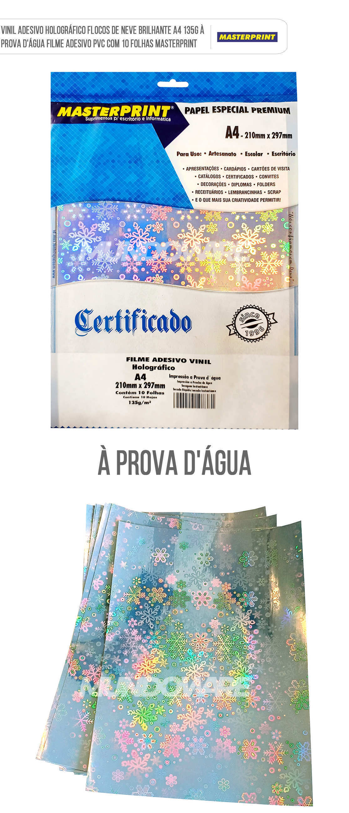 Filme Vinil Adesivo Holográfico Flocos de Neve Brilhante A4 135g À Prova D'Água Filme Adesivo PVC com 10 Folhas Masterprint Vinil Adesivo Holográfico Flocos de Neve Brilhante A4 135g À Prova D'Água Filme Adesivo PVC com 10 Folhas Masterprint