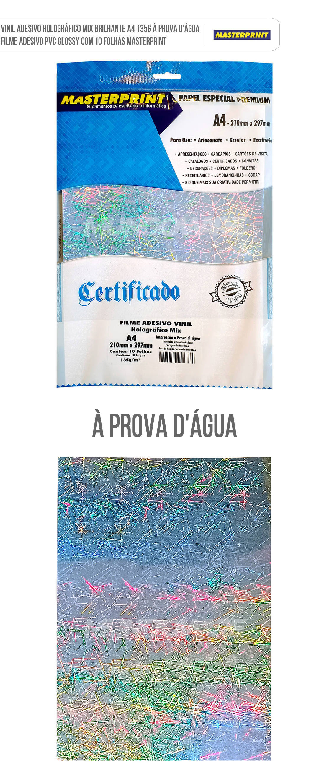 Filme Vinil Adesivo Holográfico Mix Brilhante A4 135g À Prova D'Água Adesivo PVC Glossy com 10 Folhas Masterprint Vinil Adesivo Holográfico Mix Brilhante A4 135g À Prova D'Água Filme Adesivo PVC Glossy com 10 Folhas Masterprint