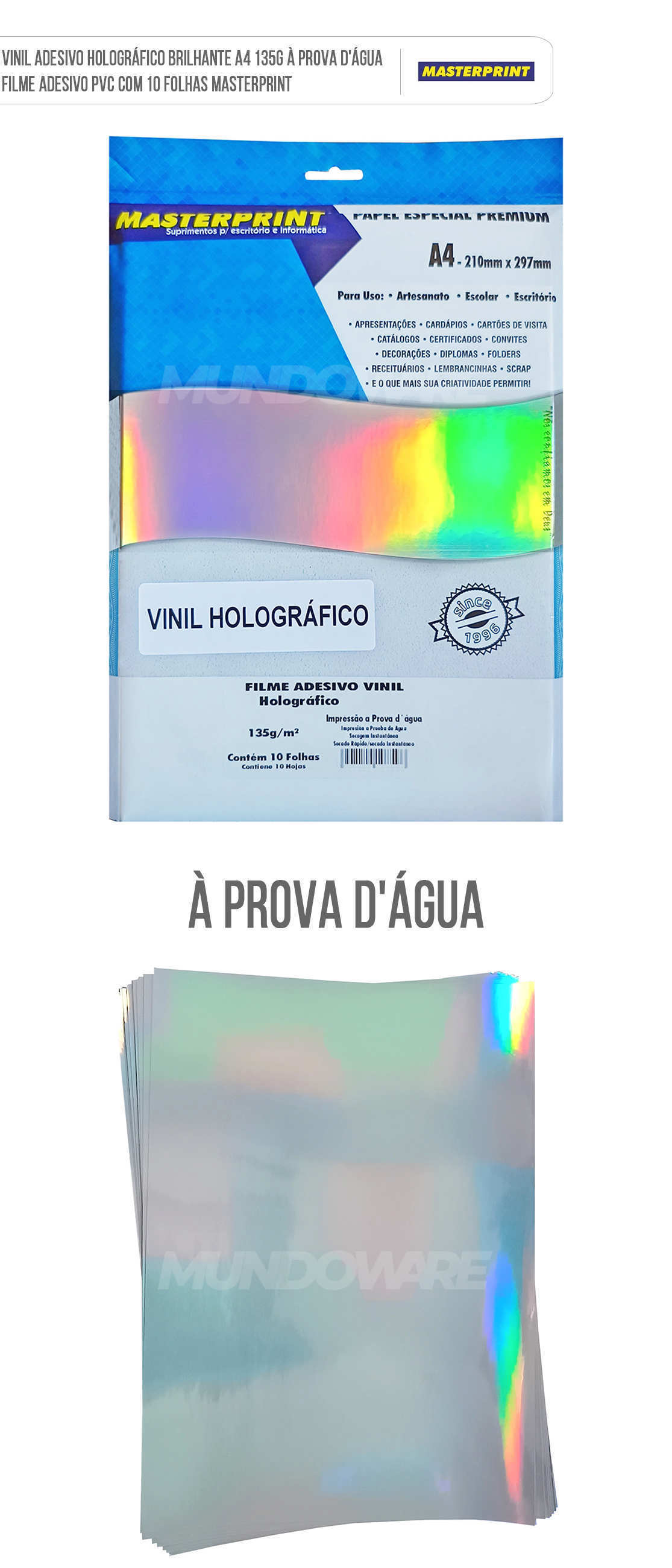 Filme Vinil Adesivo Holográfico Brilhante A4 135g À Prova D'Água Filme Adesivo PVC com 10 Folhas Masterprint Vinil Adesivo Holográfico Brilhante A4 135g À Prova D'Água Filme Adesivo PVC com 10 Folhas Masterprint