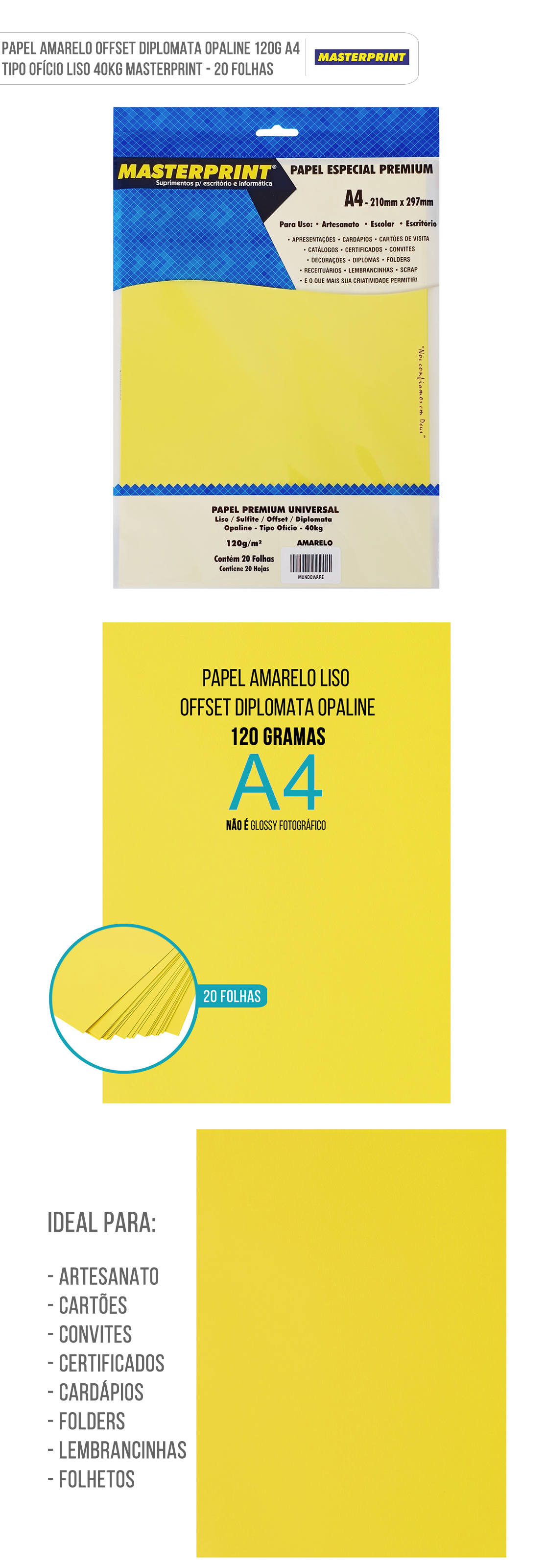 Papel Offset Amarelo Massa Colorida Liso 120g A4 Sulfite Diplomata Opaline Tipo Ofício 40kg Pacote com 20 folhas Papel Amarelo Sulfite Offset Diplomata Opaline A4 120g Liso Tipo Ofício 40kg Massa Colorida Pacote com 20 folhas