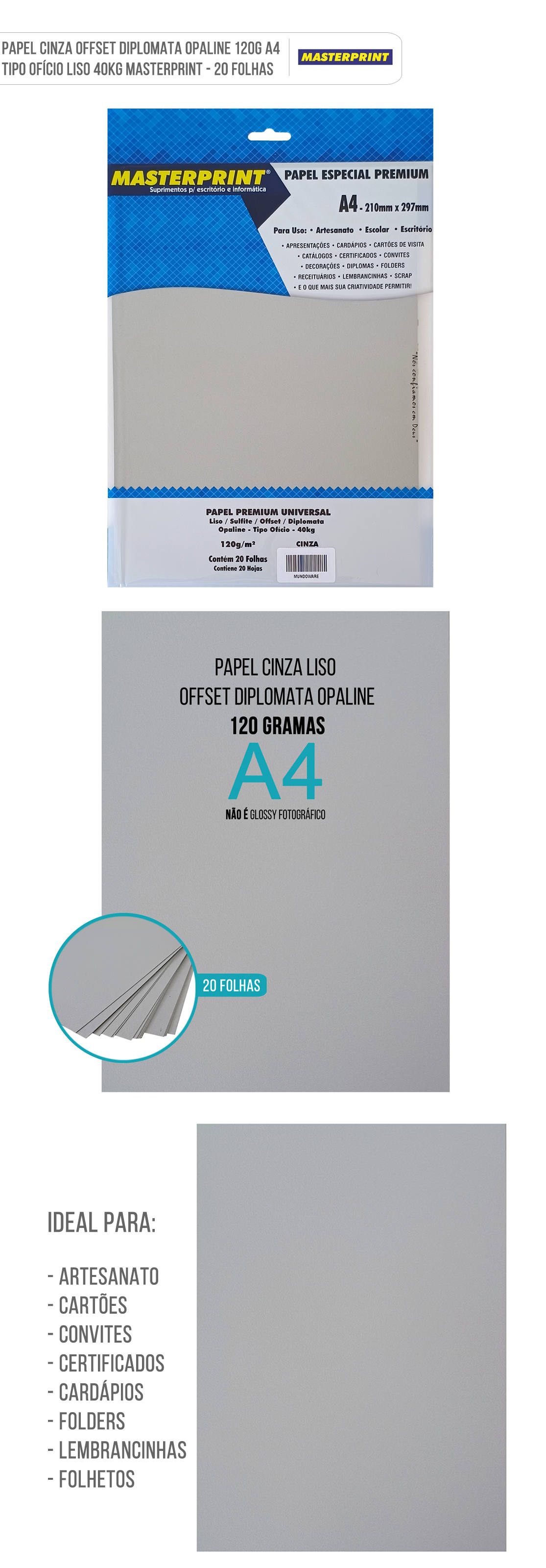 Papel Offset Cinza Massa Colorida Liso 120g A4 Sulfite Diplomata Opaline Tipo Ofício 40kg Pacote com 20 folhas Papel Cinza Sulfite Offset Diplomata Opaline A4 120g Liso Tipo Ofício 40kg Massa Colorida Pacote com 20 folhas