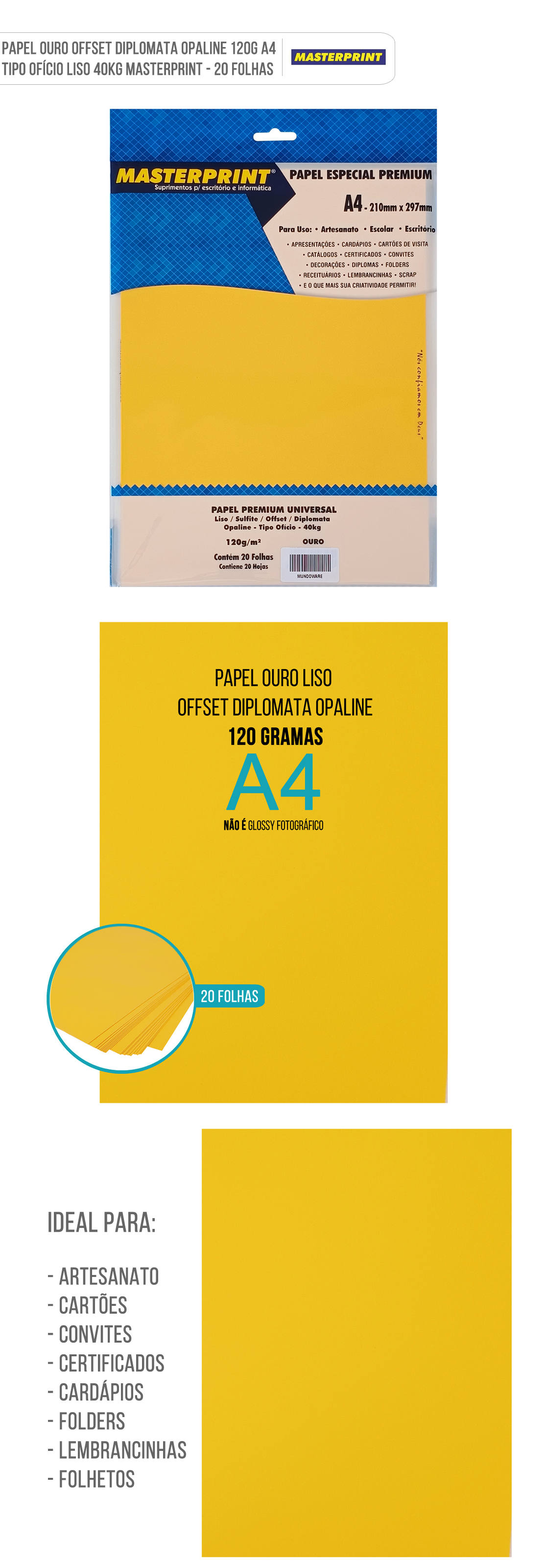 Papel Offset Ouro Massa Colorida Liso 120g A4 Sulfite Diplomata Opaline Tipo Ofício 40kg Pacote com 20 folhas Papel Ouro Sulfite Offset Diplomata Opaline A4 120g Liso Tipo Ofício 40kg Massa Colorida Pacote com 20 folhas