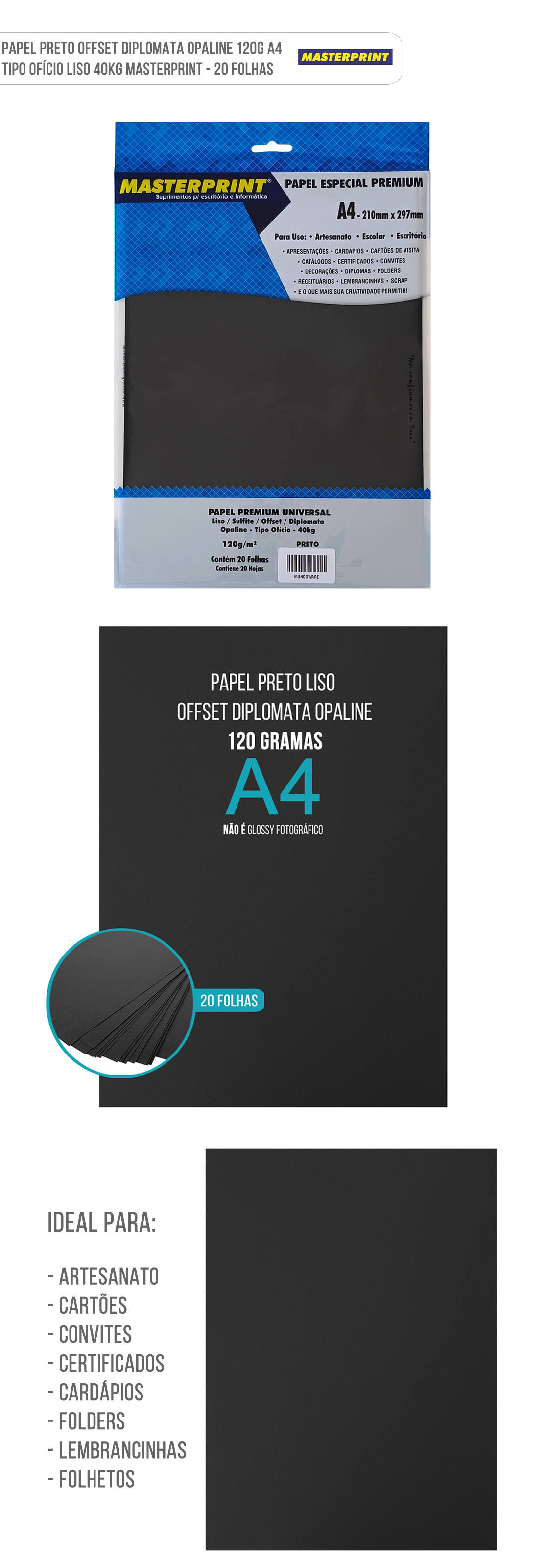 Papel Offset Preto Massa Colorida Liso 120g A4 Sulfite Diplomata Opaline Tipo Ofício 40kg Pacote com 20 folhas Papel Preto Sulfite Offset Diplomata Opaline A4 120g Liso Tipo Ofício 40kg Massa Colorida Pacote com 20 folhas