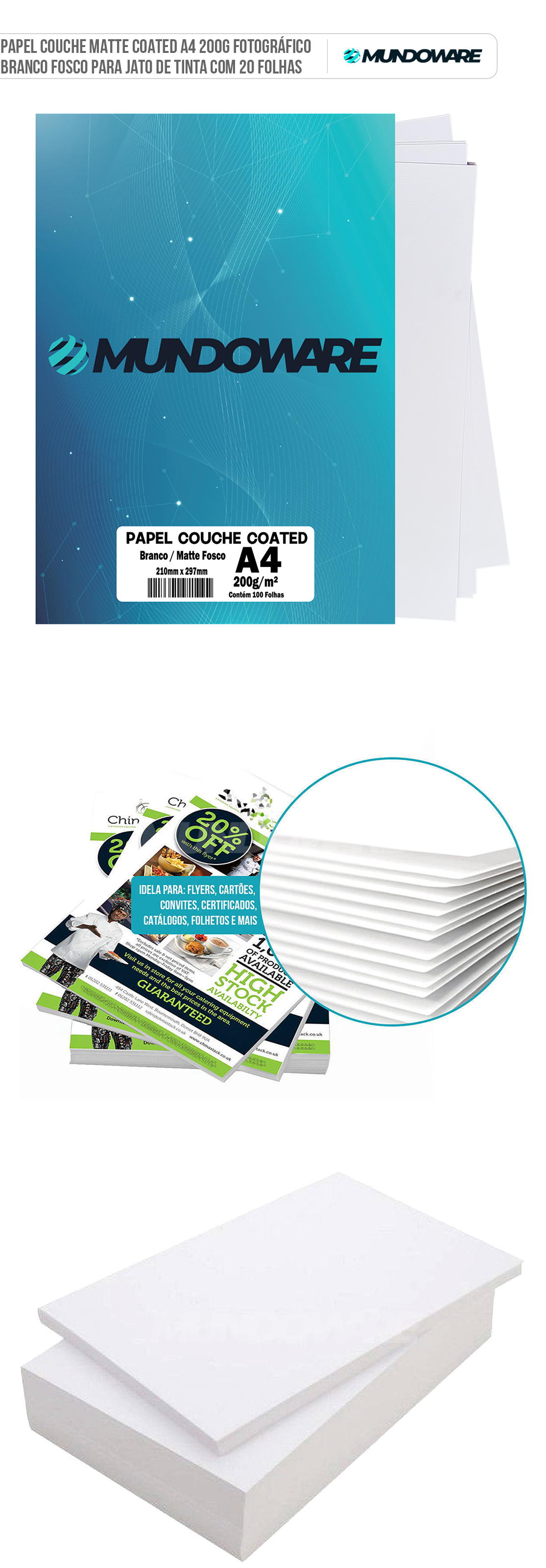 Papel Couche Matte Coated A4 200g Fotográfico Branco para Jato de Tinta com 20 Folhas Mundoware