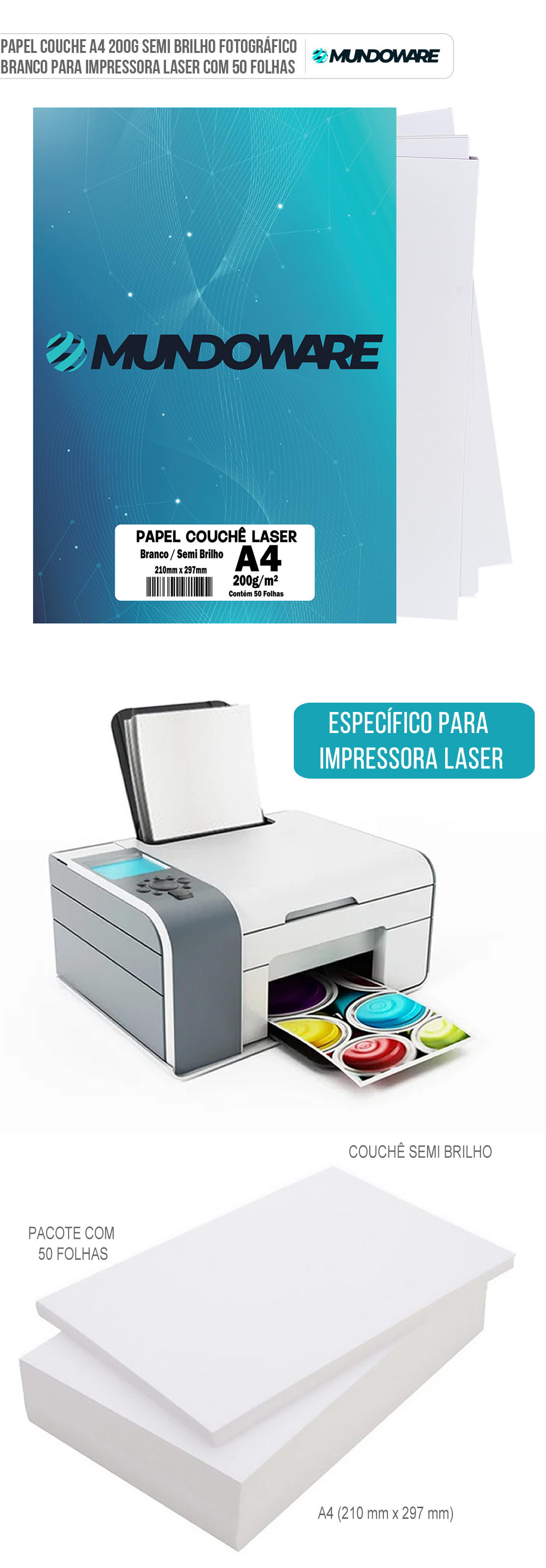 Papel Couche A4 200g Semi Brilho Fotográfico Branco para Impressora Laser com 50 Folhas Mundoware