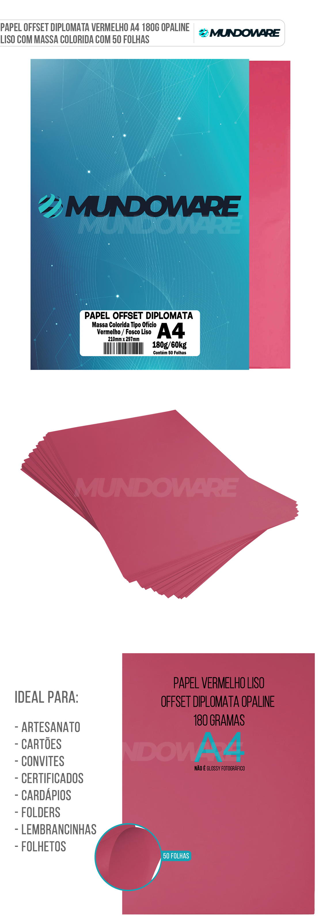 Papel Offset Diplomata Vermelho A4 180g Opaline Liso com Massa Colorida com 50 folhas Mundoware