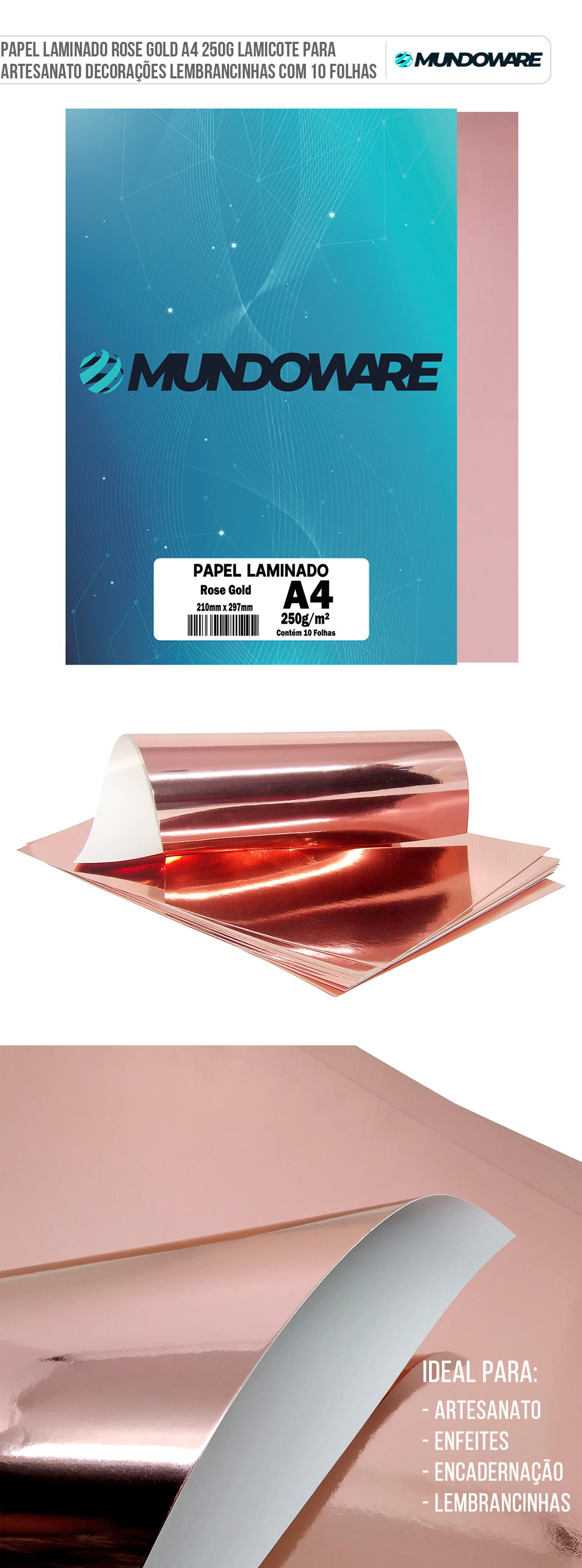 Papel Laminado Rose Gold A4 250g Lamicote para Artesanato Decorações Lembrancinhas com 10 Folhas Mundoware