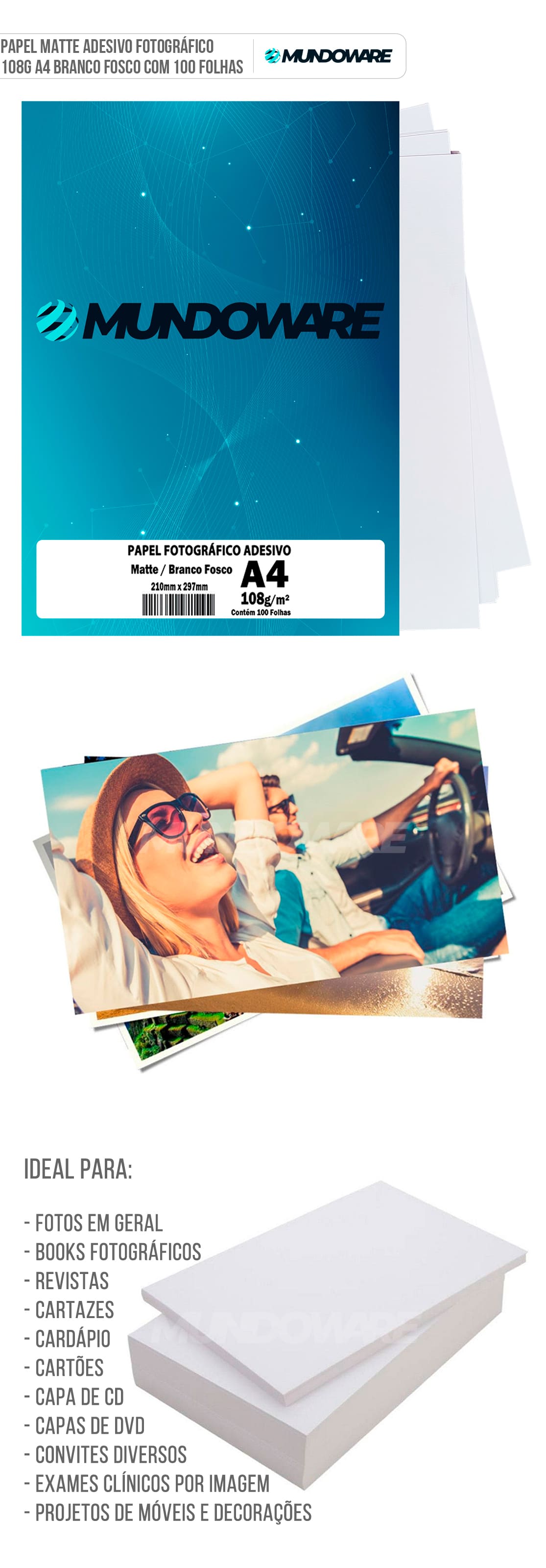 Papel Adesivo Matte Fosco A4 108g Fotográfico Branco com 100 folhas Mundoware Papel Adesivo Matte Fosco A4 108g Fotográfico Branco com 100 folhas Mundoware