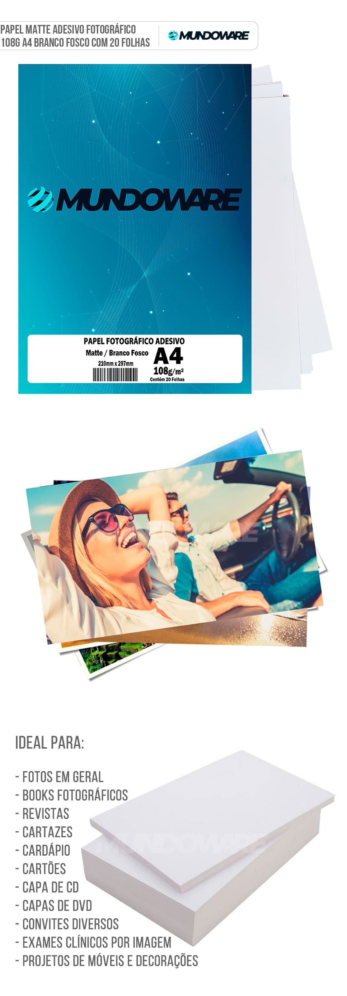 Papel Matte Adesivo 108g A4 Fotográfico Branco Fosco com 20 folhas Mundoware Papel Matte Adesivo 108g A4 Fotográfico Branco Fosco com 20 folhas Mundoware