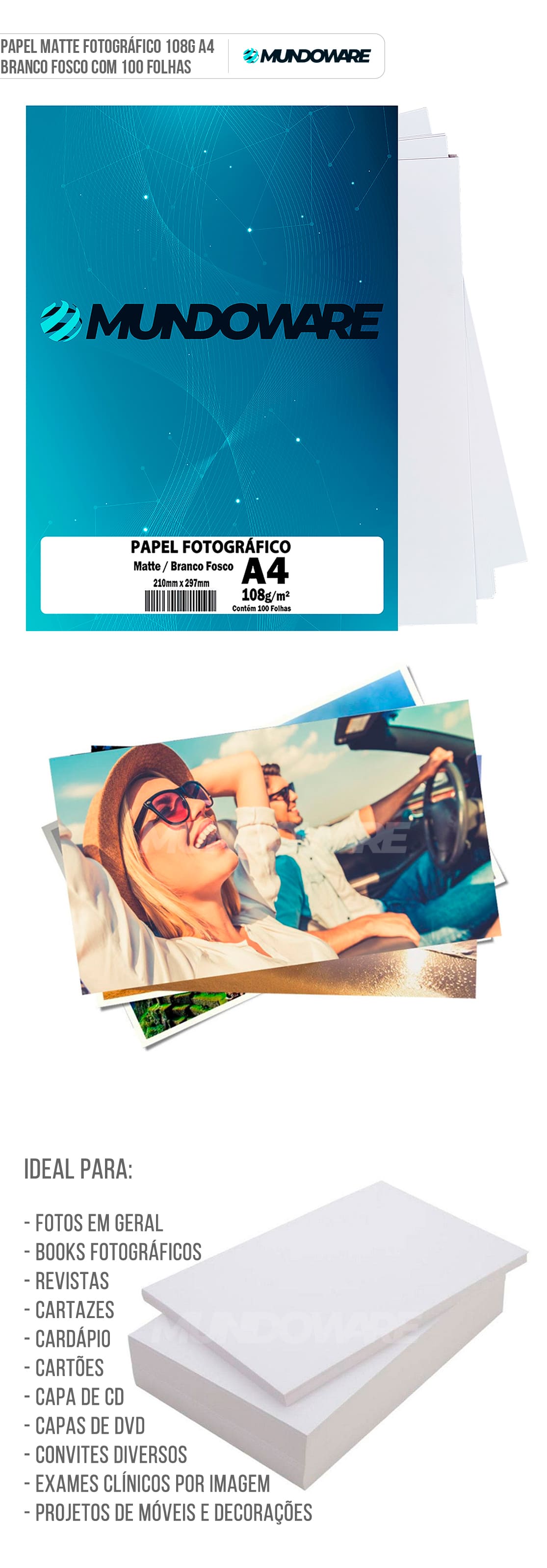 Papel Fotográfico Matte A4 108g Branco Fosco Sem Brilho com 100 Folhas Mundoware Papel Fotográfico Matte A4 108g Branco Fosco Sem Brilho com 100 Folhas Mundoware