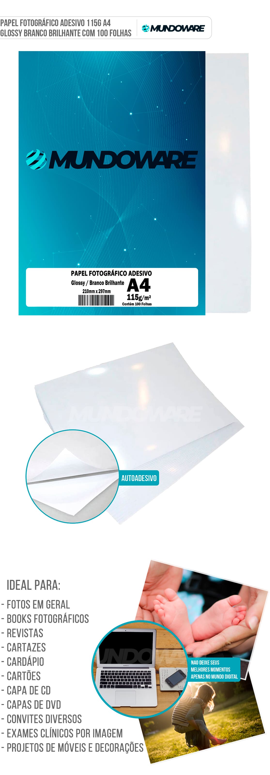 Papel Fotográfico Adesivo 115g A4 Glossy Branco Brilhante com 100 folhas Mundoware Papel Fotográfico Adesivo 115g A4 Glossy Branco Brilhante com 100 folhas Mundoware