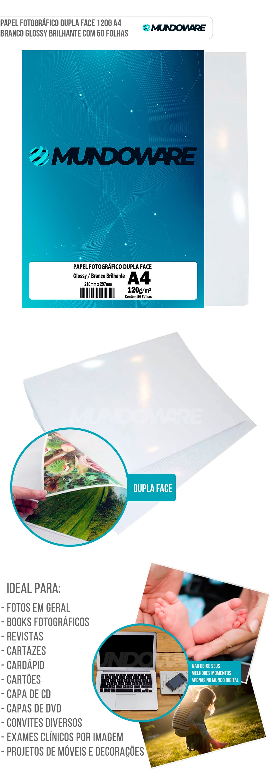 Papel Dupla Face Fotográfico Glossy 120g A4 Branco Brilhante com 20 Folhas Mundoware Papel Dupla Face Fotográfico Glossy 120g A4 Branco Brilhante com 20 Folhas Mundoware