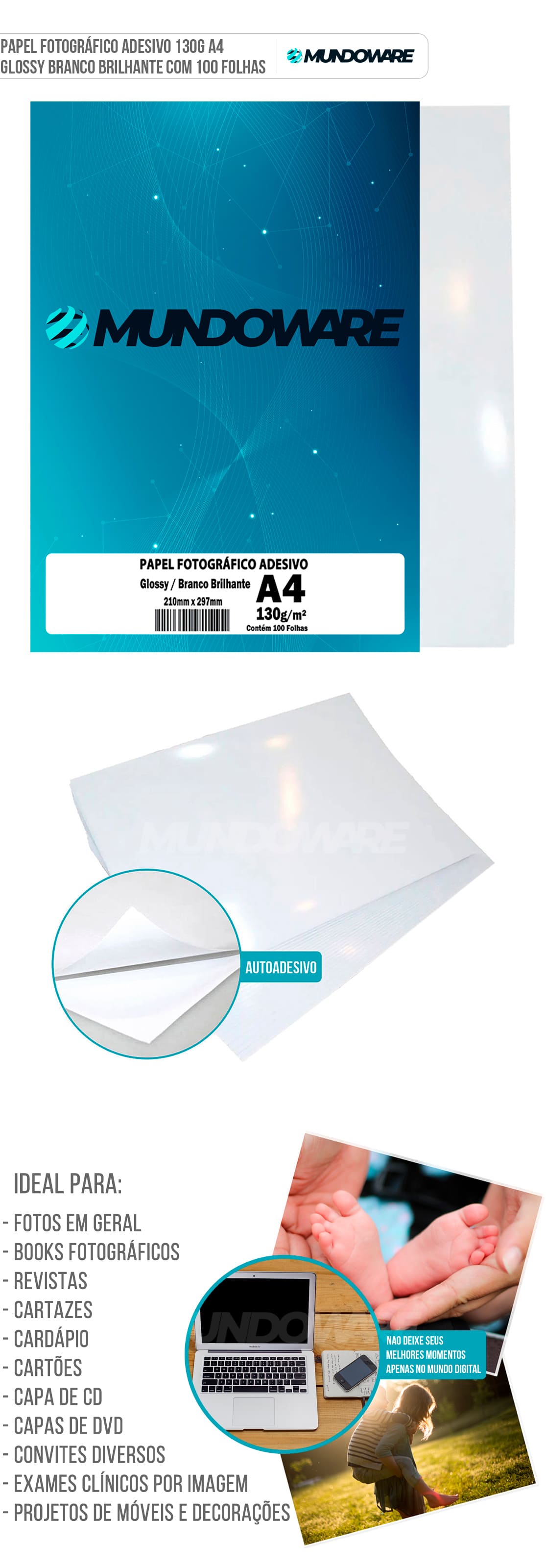 Papel Fotográfico Adesivo 130g A4 Glossy Branco Brilhante com 100 folhas Mundoware Papel Fotográfico Adesivo 130g A4 Glossy Branco Brilhante com 100 folhas Mundoware