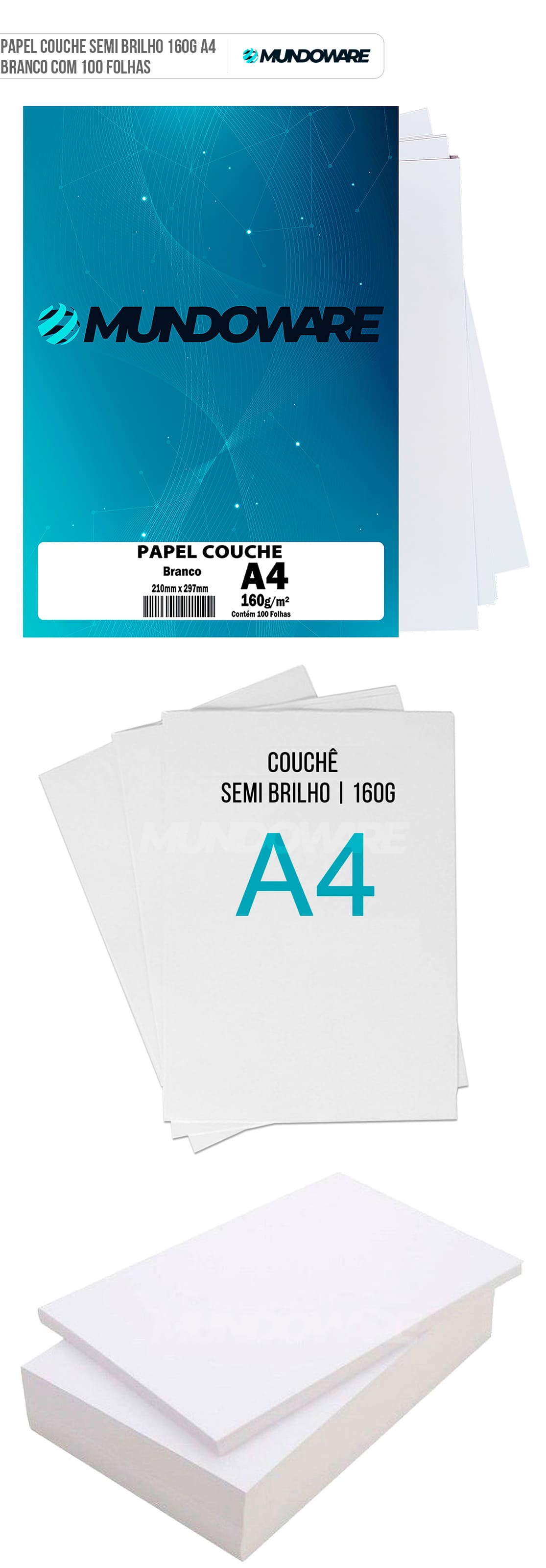 Papel Couche A4 160g Semi Brilho para Impressora Laser com 100 Folhas Mundoware Papel Couche A4 160g Semi Brilho para Impressora Laser com 100 Folhas Mundoware