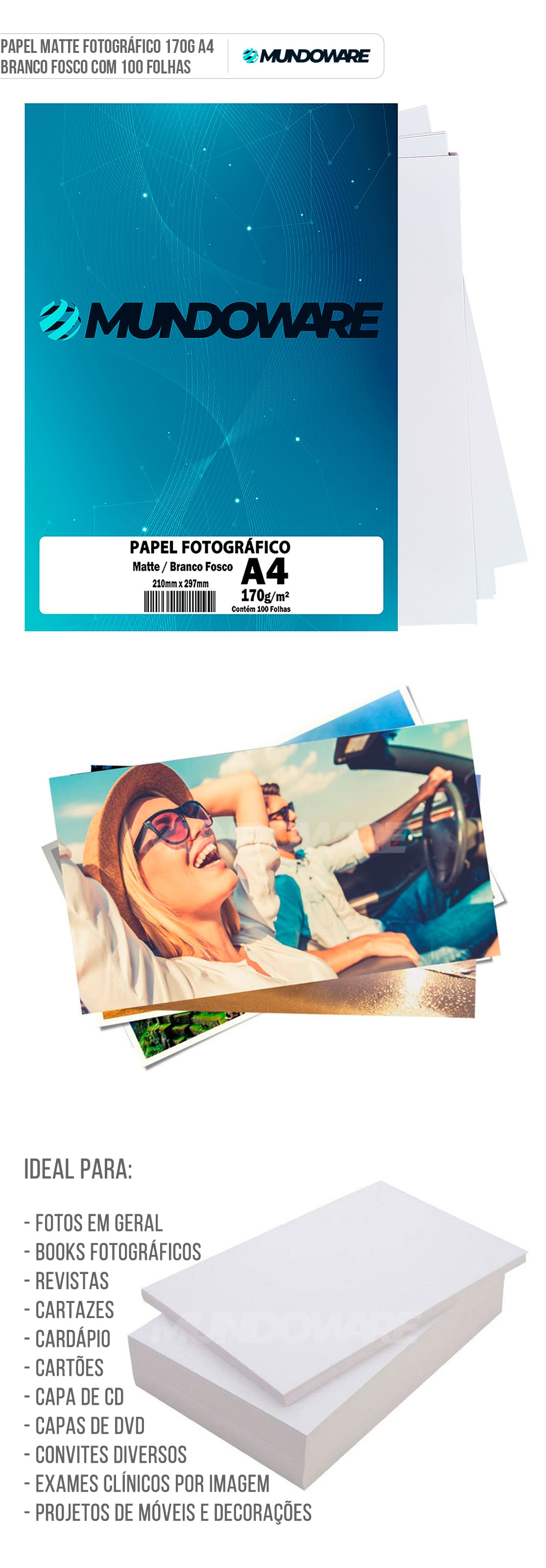 Papel Matte A4 170g Fotográfico Branco Fosco Sem Brilho com 100 Folhas Mundoware Papel Matte A4 170g Fotográfico Branco Fosco Sem Brilho com 100 Folhas Mundoware
