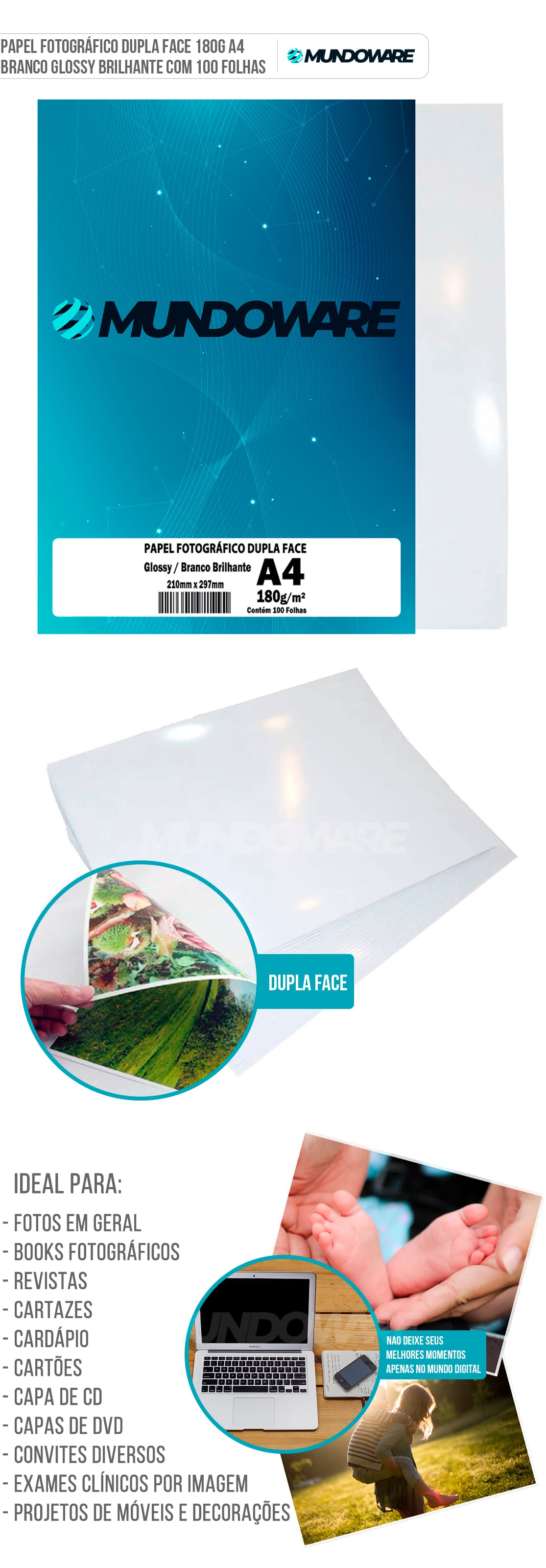 Papel Dupla Face 180g A4 Fotográfico Glossy Branco Brilhante com 100 Folhas Mundoware Papel Dupla Face 180g A4 Fotográfico Glossy Branco Brilhante com 100 Folhas Mundoware