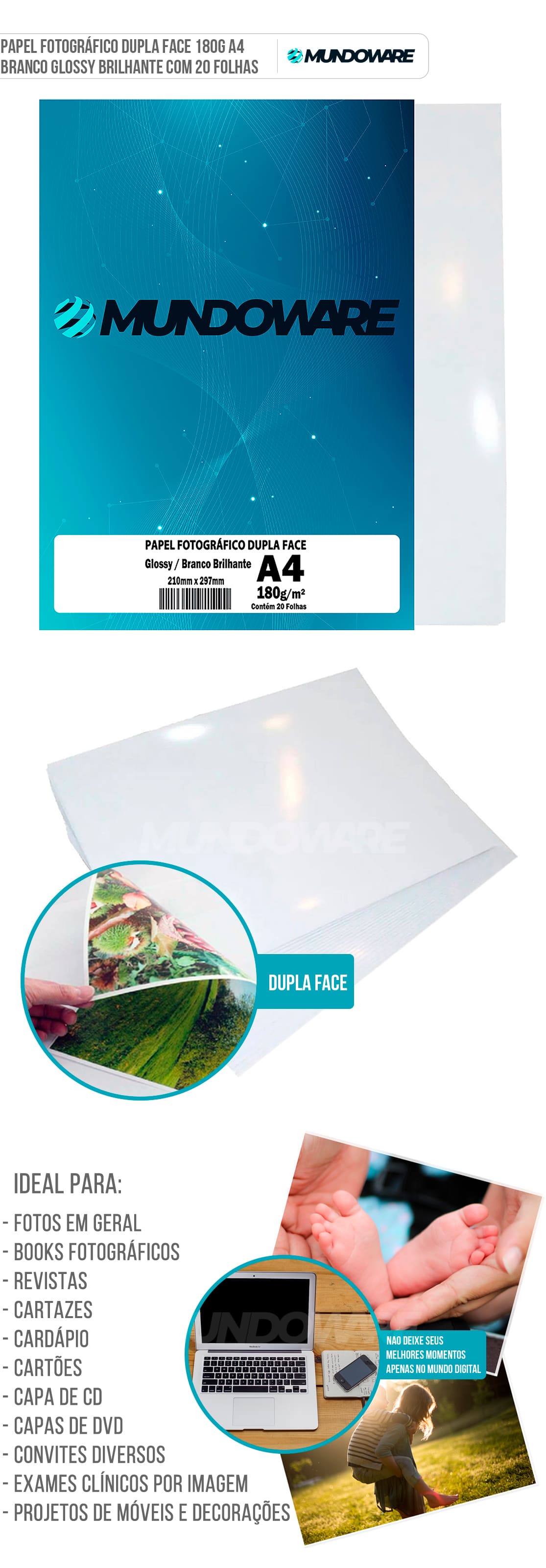 Papel Fotográfico Dupla Face Glossy A4 180g Branco Brilhante com 20 Folhas Mundoware Papel Fotográfico Dupla Face Glossy A4 180g Branco Brilhante com 20 Folhas Mundoware