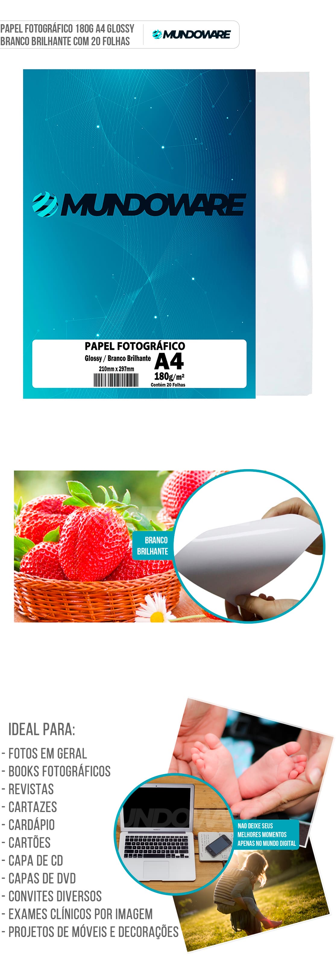 Papel Foto Glossy A4 180 g Branco Brilhante com 20 Folhas Mundoware Papel Fotográfico Glossy A4 180g Branco Brilhante com 20 Folhas Mundoware