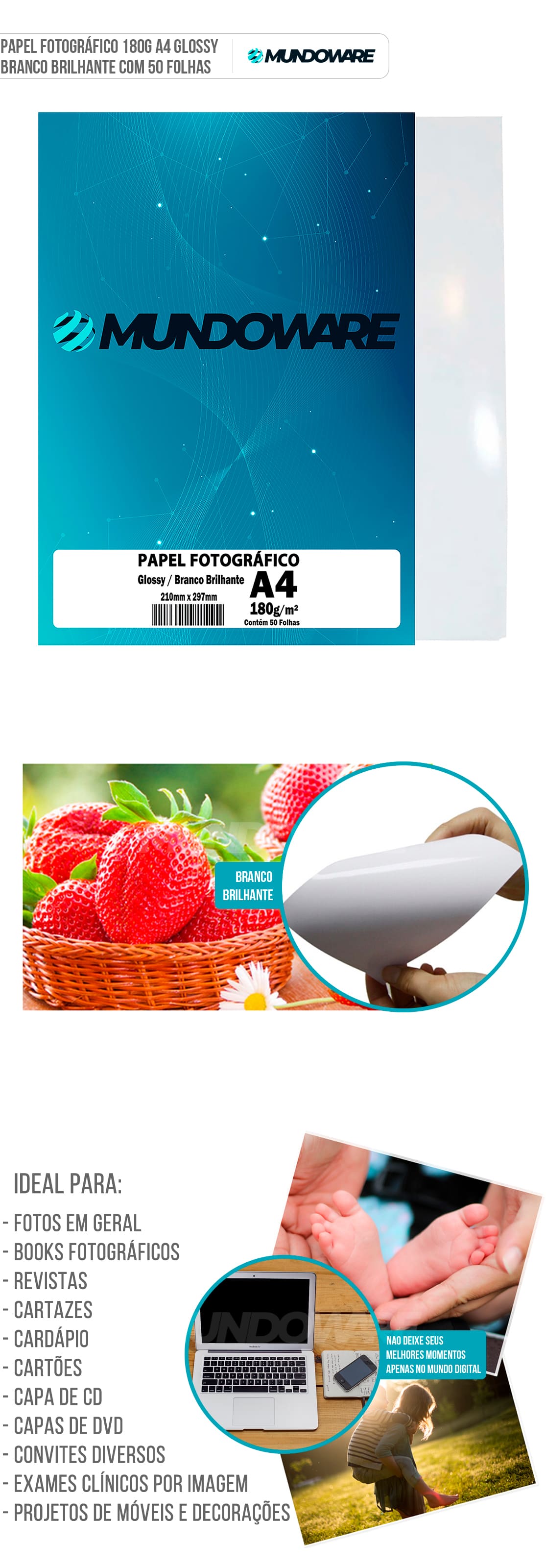 Papel Foto Glossy A4 180 g Branco Brilhante com 100 Folhas Mundoware Papel Fotográfico Glossy A4 180g Branco Brilhante com 100 Folhas Mundoware