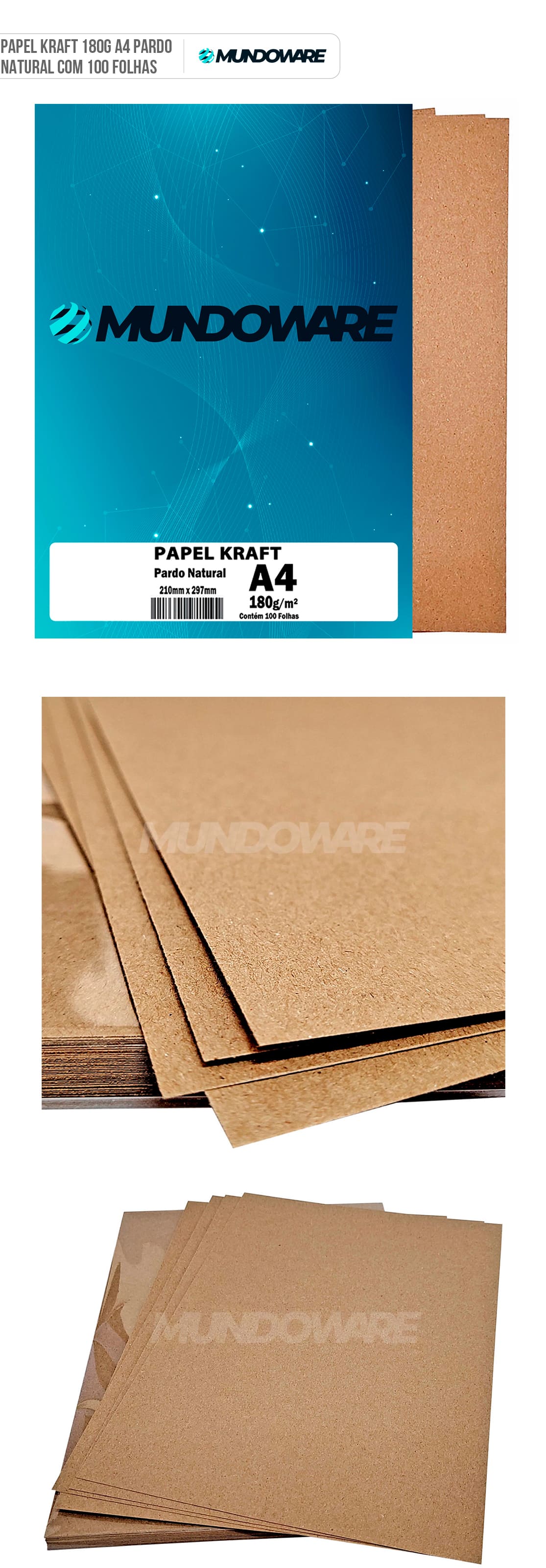 Papel Pardo Kraft Natural 180g A4 com 100 Folhas Mundoware Papel Pardo Kraft Natural 180g A4 com 100 Folhas Mundoware