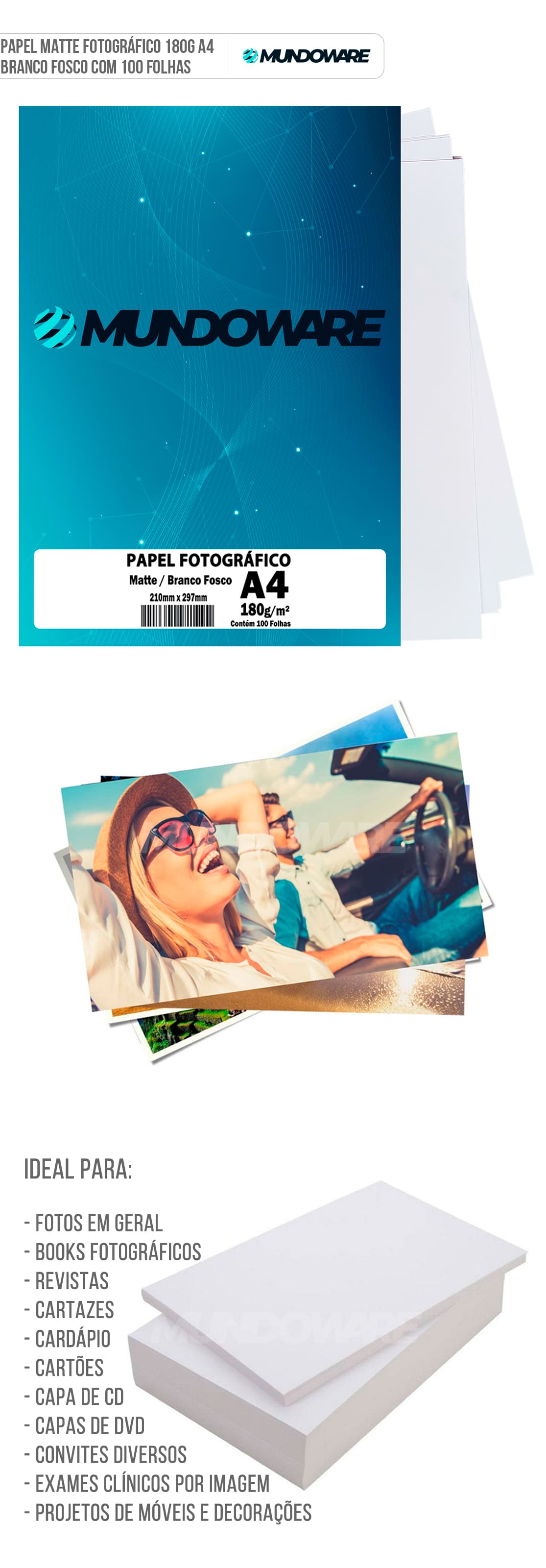 Papel Fotográfico Matte Fosco A4 180g Branco Sem Brilho com 100 Folhas Mundoware Papel Fotográfico Matte Fosco A4 180g Branco Sem Brilho com 100 Folhas Mundoware
