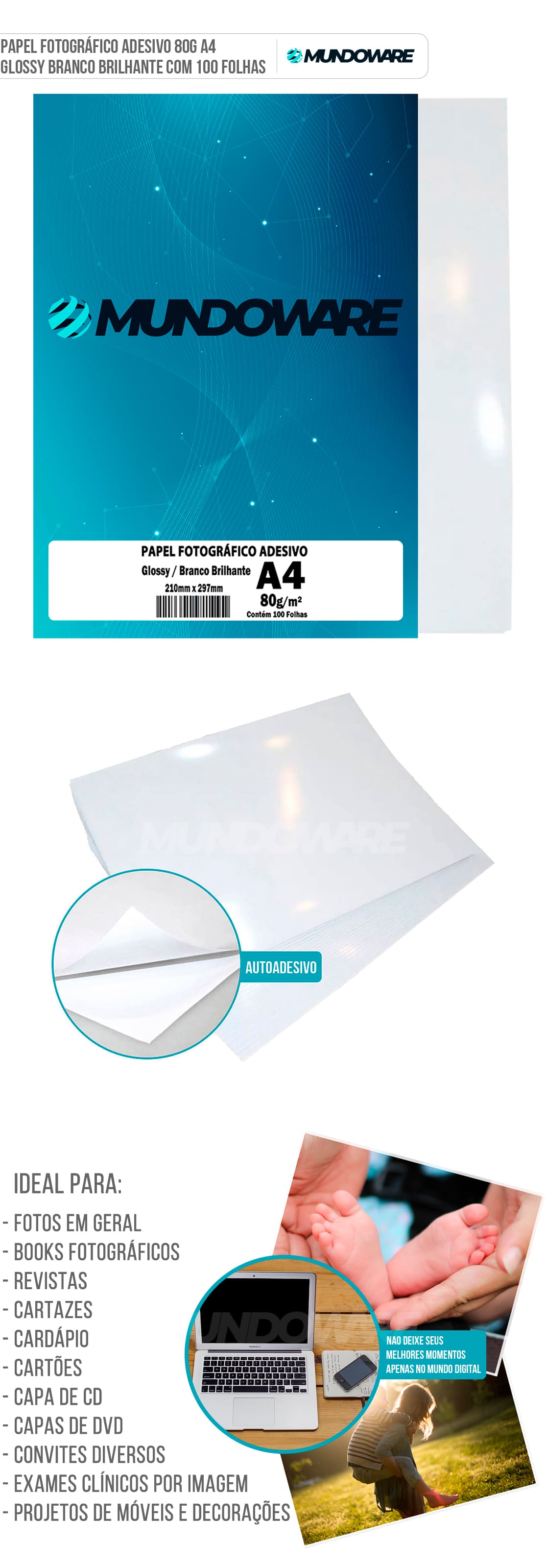 Papel Fotográfico Adesivo 80g A4 Glossy Branco Brilhante com 100 folhas Mundoware Papel Fotográfico Adesivo 80g A4 Glossy Branco Brilhante com 100 folhas Mundoware