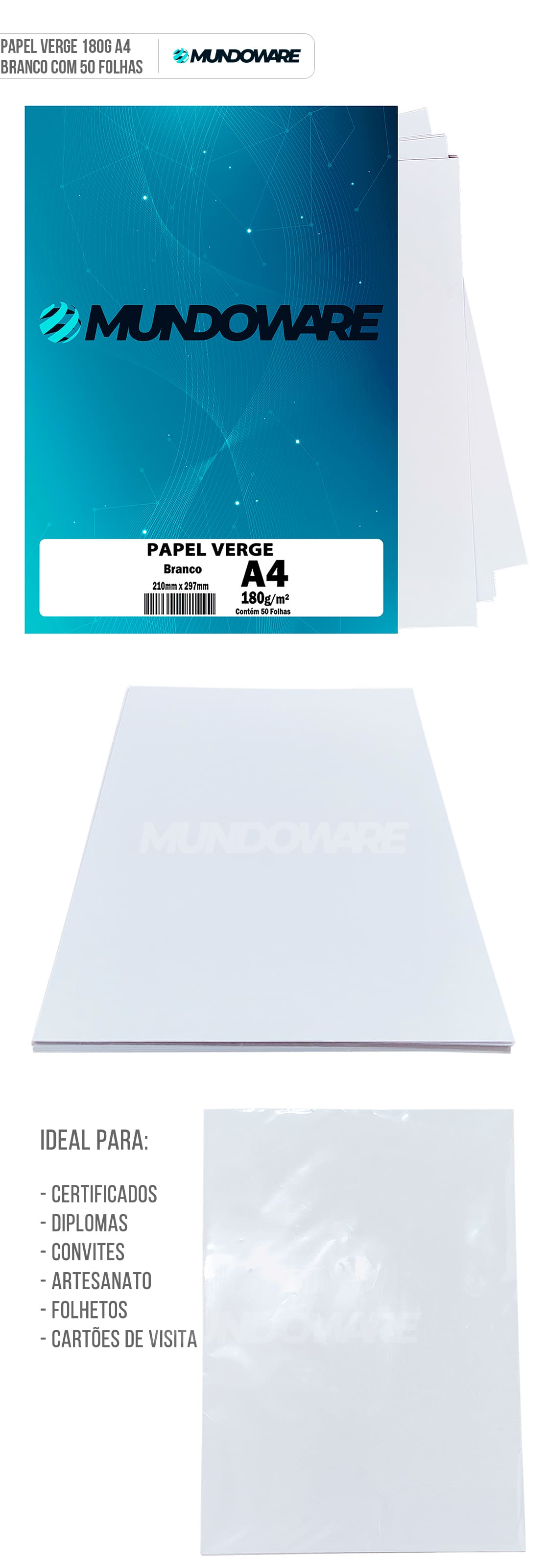 Papel Vergê 180g A4 Texturizado Branco Fosco com 50 Folhas Mundoware Papel Vergê 180g A4 Texturizado Branco Fosco com 50 Folhas Mundoware