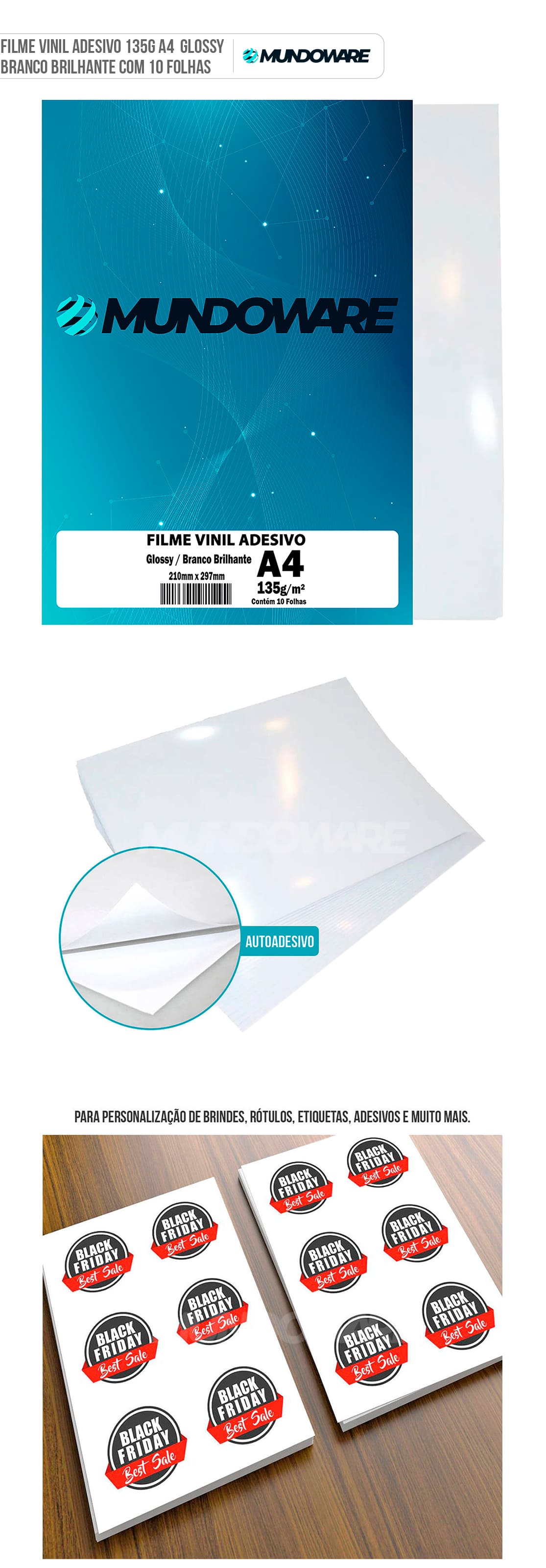 Vinil Adesivo Branco Brilhante A4 135g À Prova De Água PVC Autoadesivo com 10 folhas Mundoware Vinil Adesivo Branco Brilhante A4 135g À Prova De Água PVC Autoadesivo com 10 folhas Mundoware