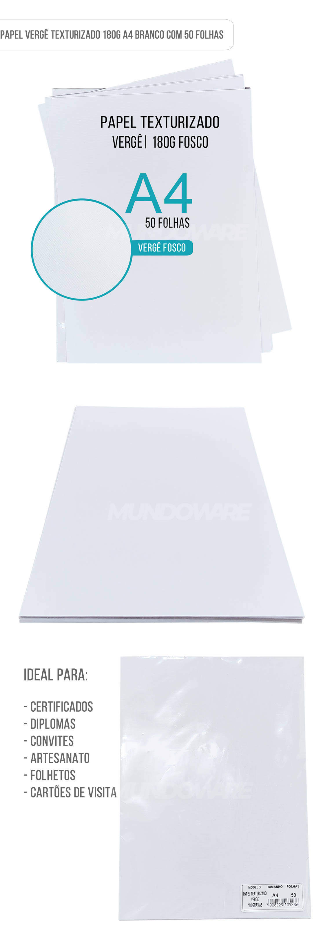 Papel Verg Texturizado A4 180g Branco Premium com 50 Folhas