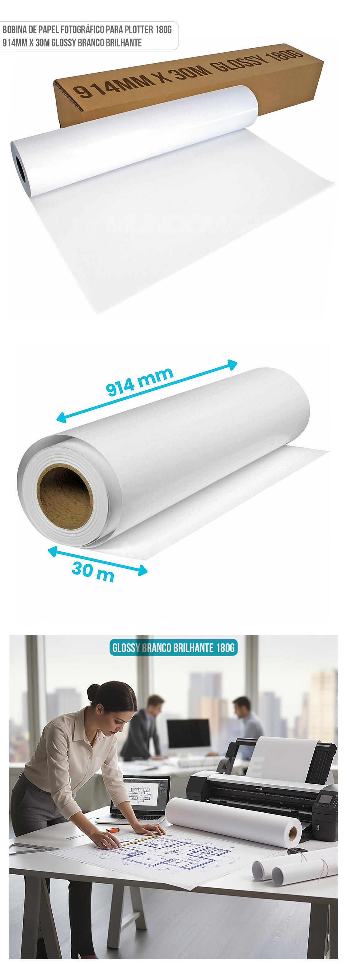 Rolo de Papel Fotográfico Glossy 180g 914mm x 30m para Plotter Bobina de Papel Foto Branco Brilhante 