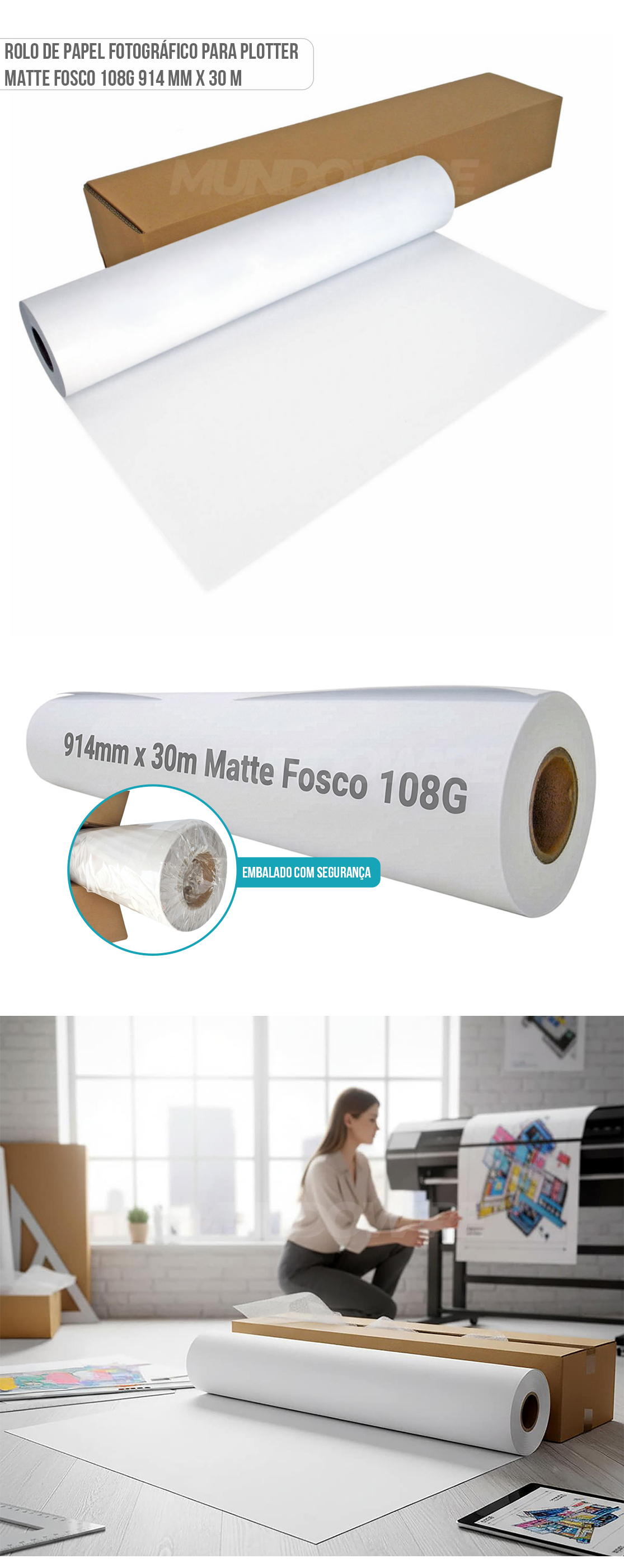 Rolo de Papel para Plotter Matte 108g 914mm x 30m Bobina de Papel Fotográfico Branco Fosco