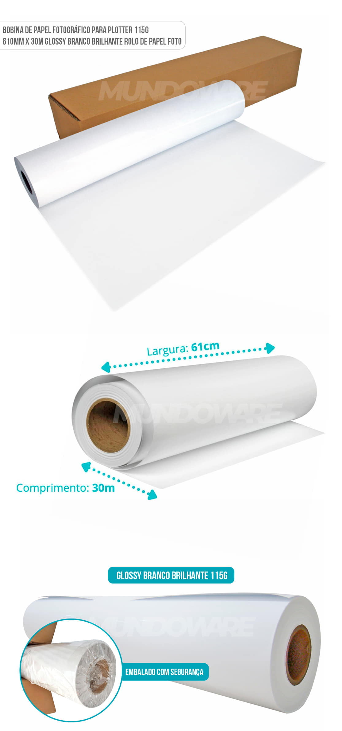 Bobina de Papel Fotográfico para Plotter 115g 610mm x 30m High Glossy Branco Rolo de Papel Foto
